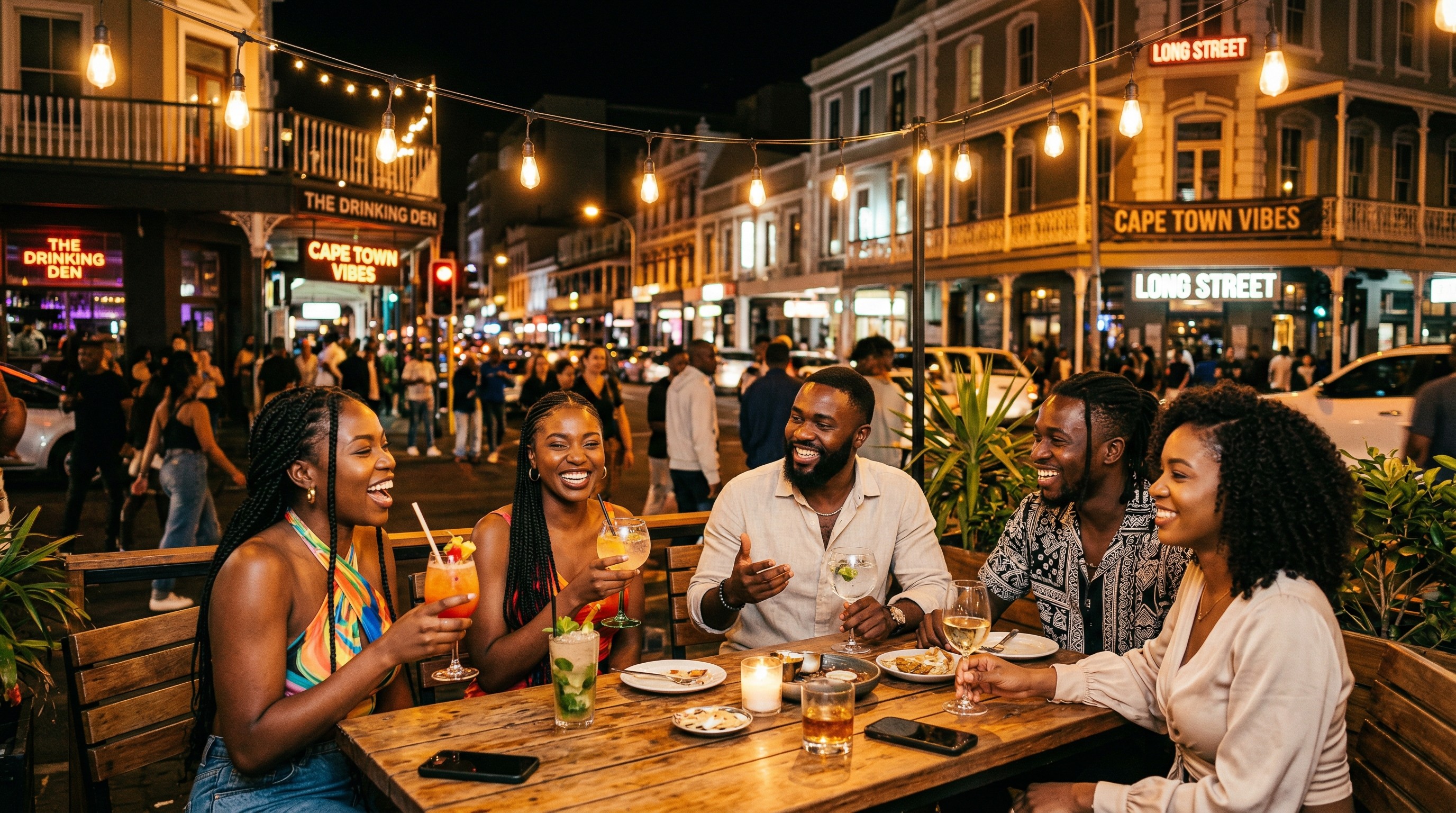 Young Africans at an outdoor table on Long Street Cape Town.