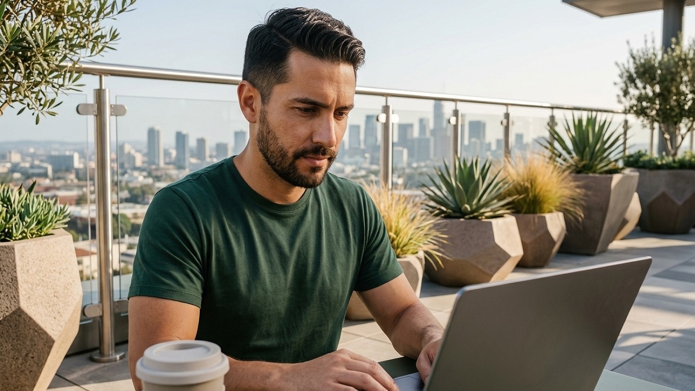 A professional Latino man in his mid-30s with a neat beard works on a laptop at an outdoor rooftop terrace. He wears a dark green t-shirt and sits at a green table with a coffee cup, focused intently on his screen. The high-end setting features modern geometric planters and a glass railing overlooking a blurred city skyline.