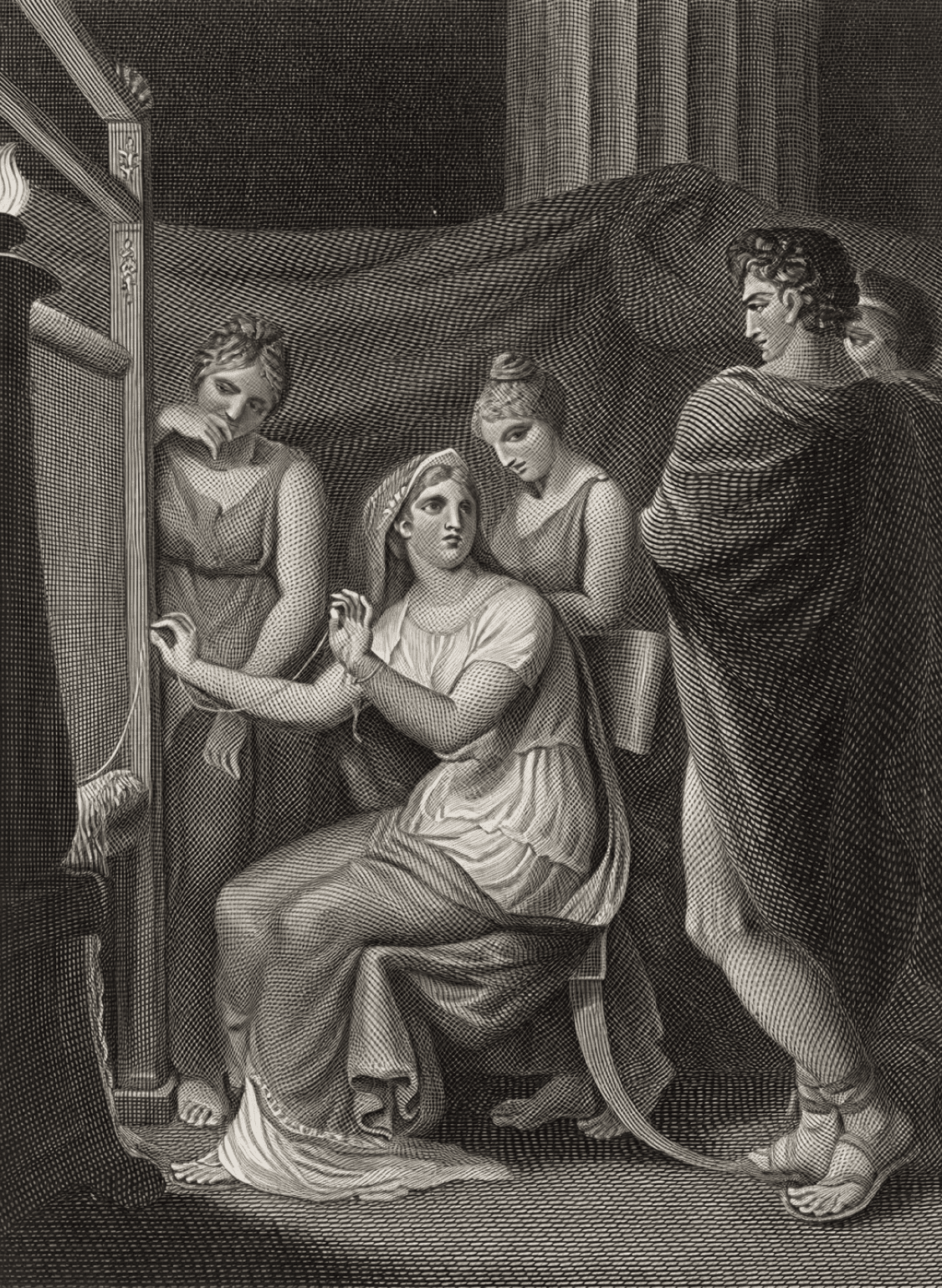 Classical engraving depicting a group of figures, including a seated woman at a loom.