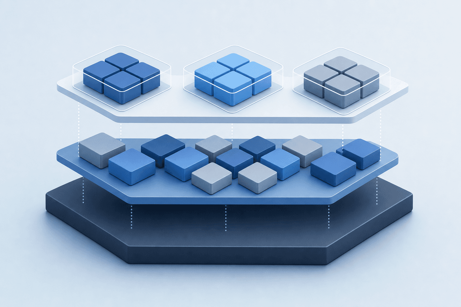 A clean, modern diagram showing three distinct layers stacked vertically representing a permission architecture system. The bottom layer is a solid foundation base, the middle layer shows modular blocks that can be added on top, and the top layer shows grouped clusters of those blocks bundled together. Use a professional blue and gray color scheme with subtle gradients. The visualization should be abstract and geometric, emphasizing the hierarchical relationship between the three levels. Isometric or flat design style, technical illustration aesthetic suitable for enterprise software documentation.