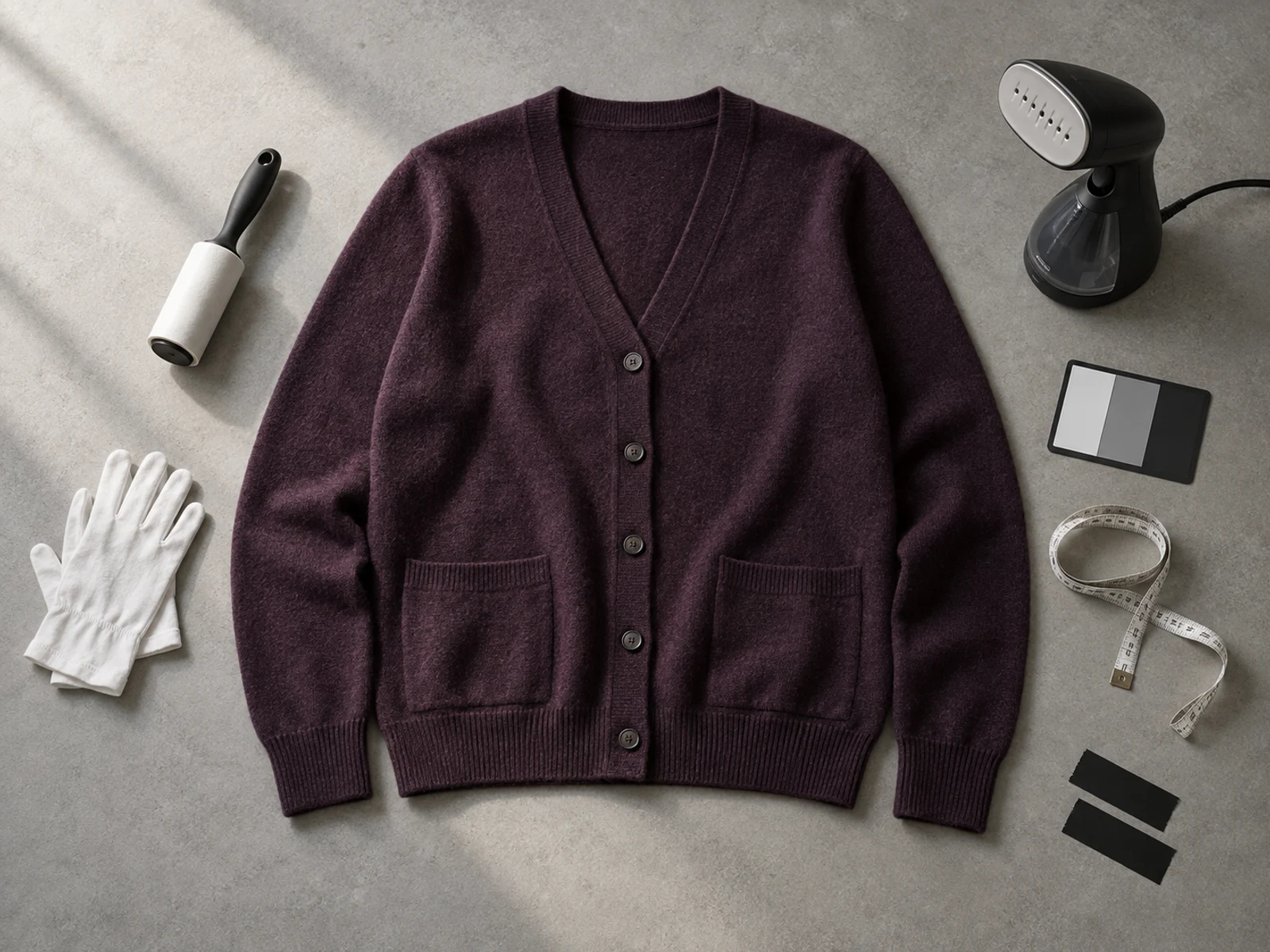 Deep plum cardigan laid on a gray preparation table beside a lint roller, steamer, gloves, neutral card, and measuring tape