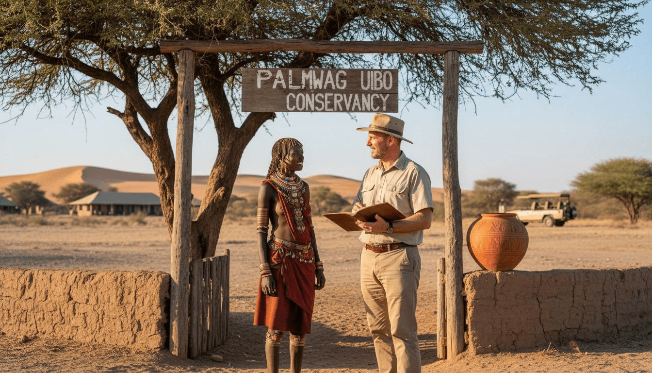 Lodge manager and Himba woman at reserve gate