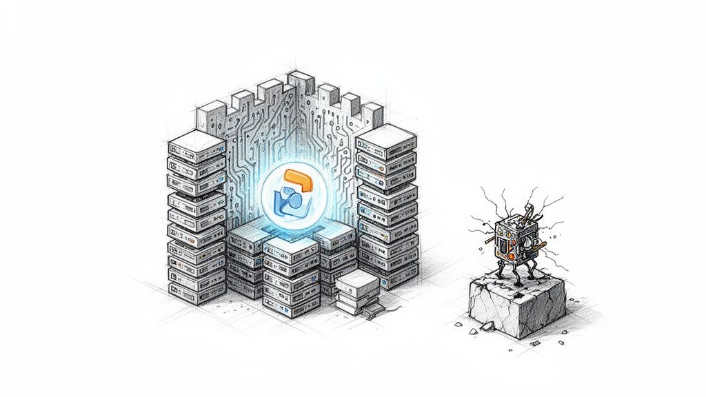 A sketch of a data center with a glowing logo, facing a small, sparking robot.