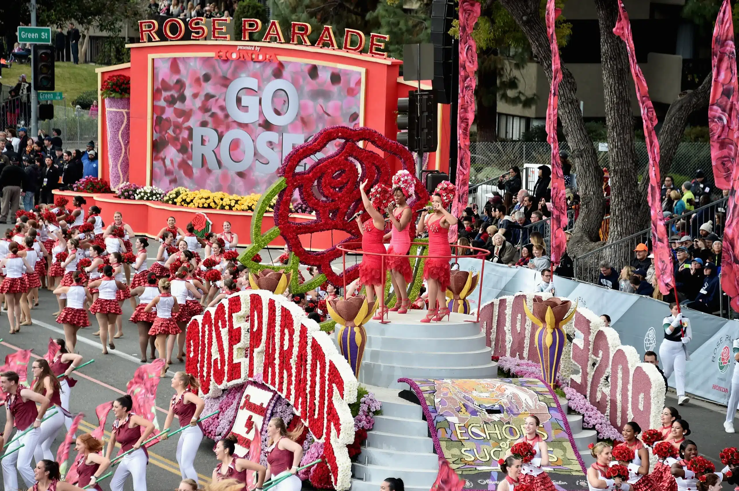 Tournament of Roses Parade floats and crowds