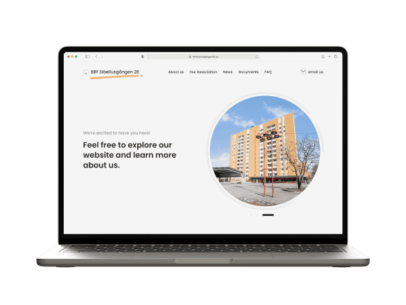 Laptop displaying a residential property website with information about the BRF Sibeliusgången 28 housing project.