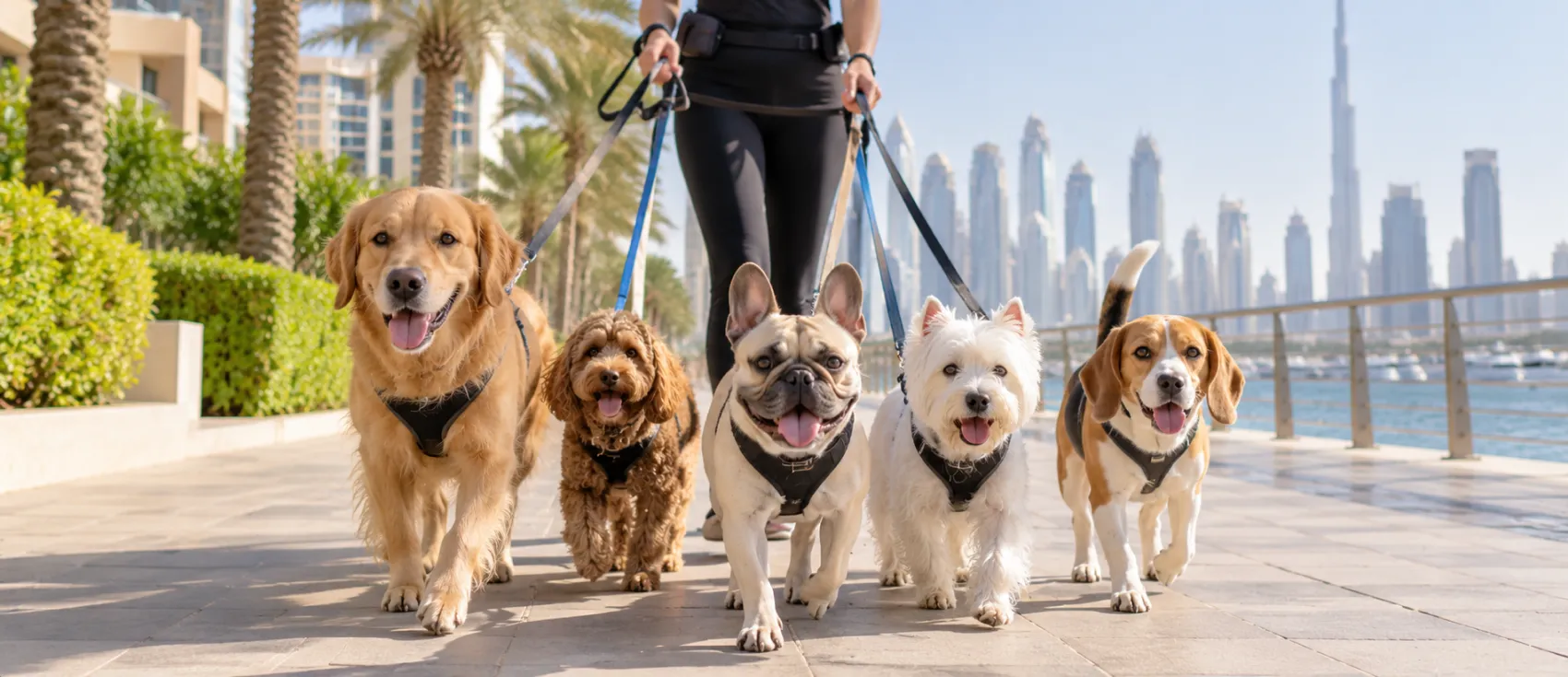 A dog walker leading five dogs of different breeds along a promenade with Dubai's skyline behind them.