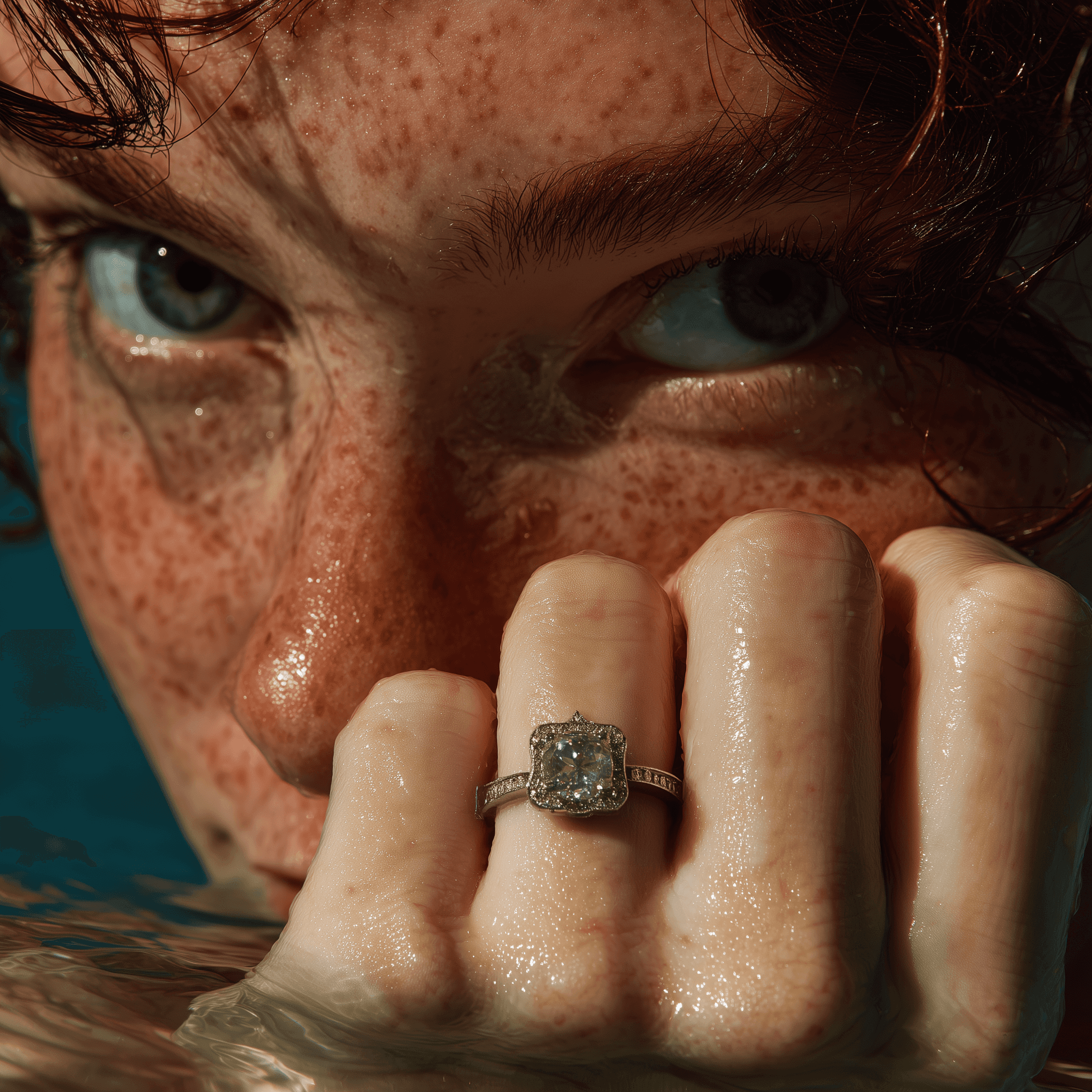 Women with ring in hand in water portrait