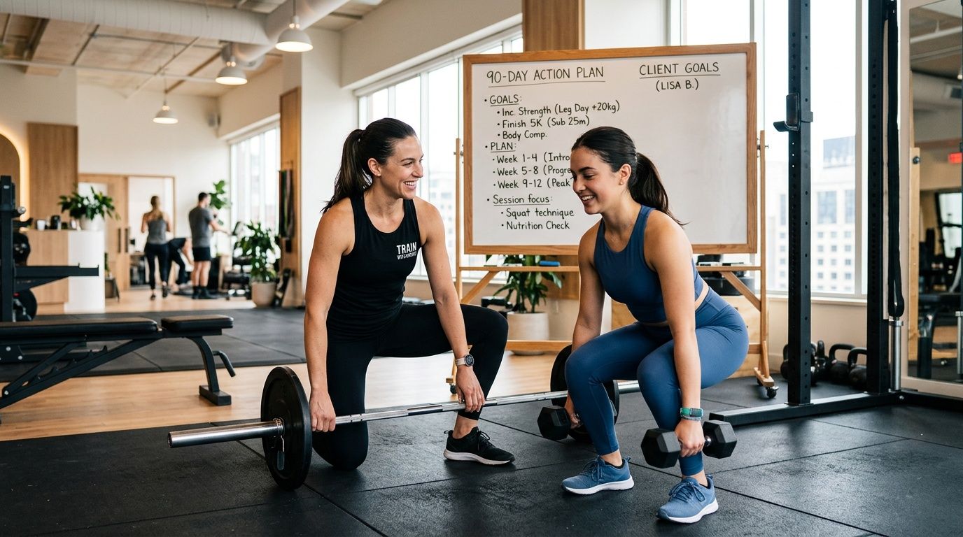 A personal trainer observing her client perform a dumbbell squat during a training session in the gym.