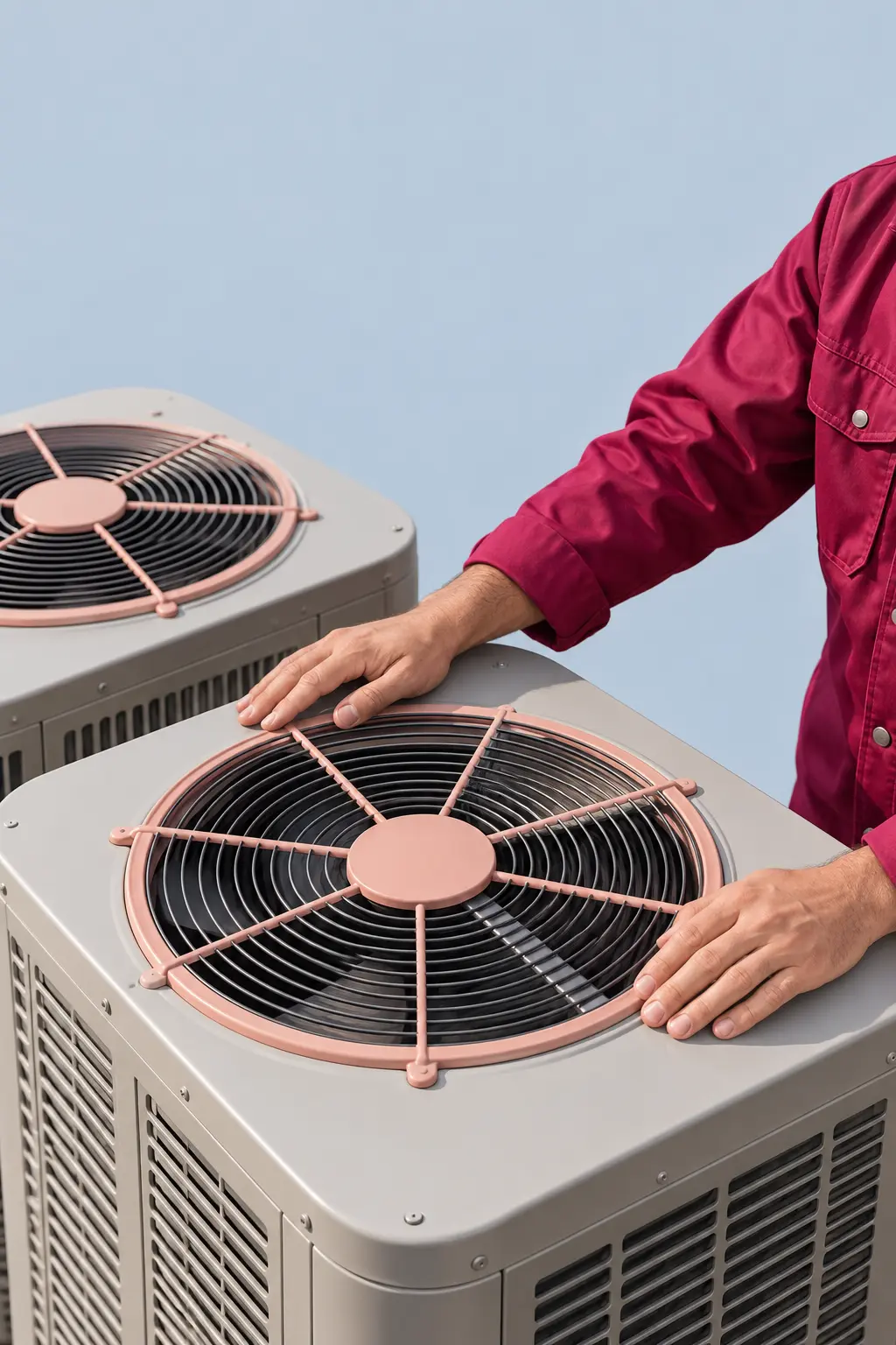 Technician's hands resting on two outdoor air-conditioner units with pink fan guards