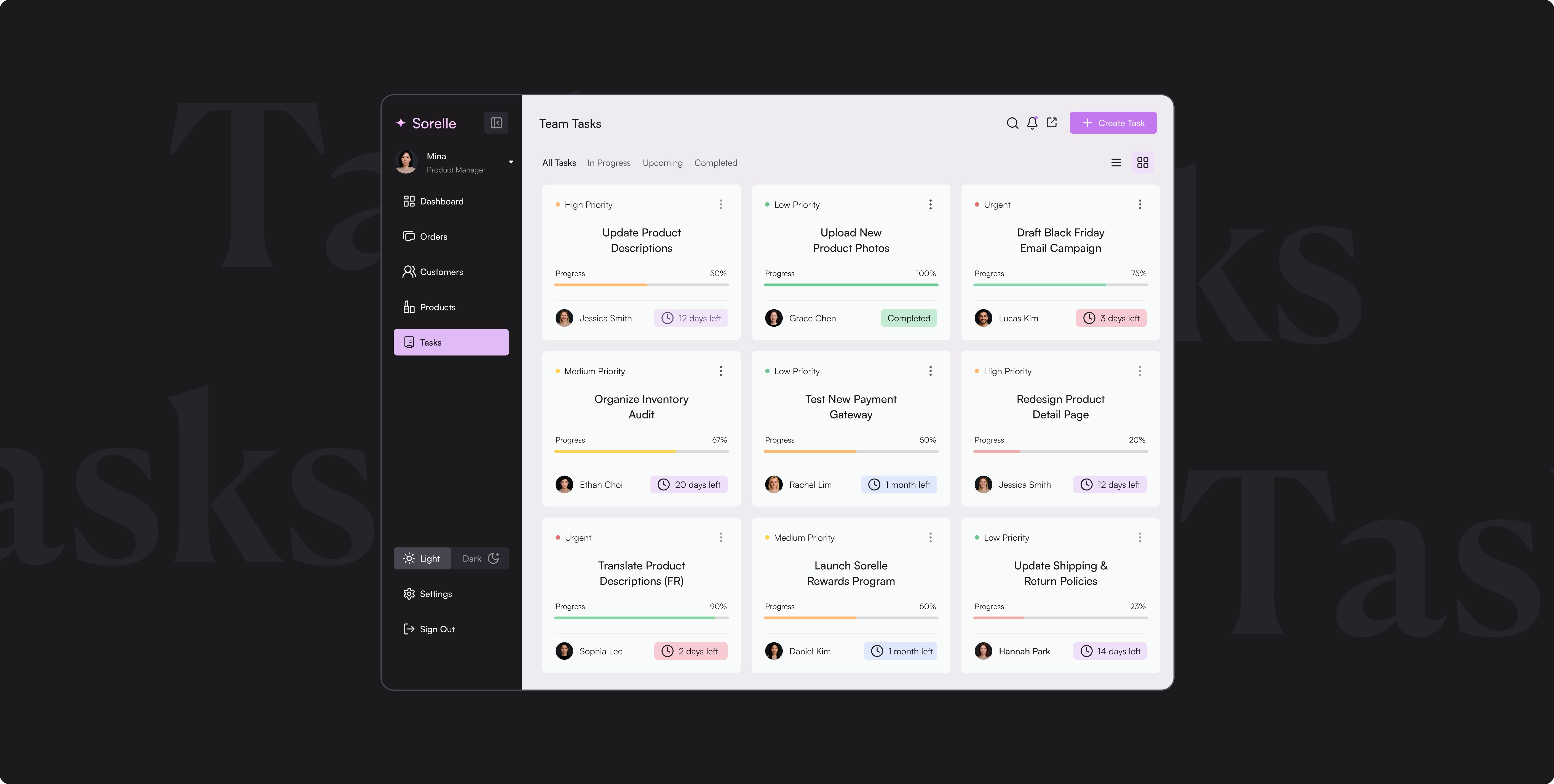 Desktop interface of Sorelle platform showing categorized card layout for quick overview of projects and statuses.
