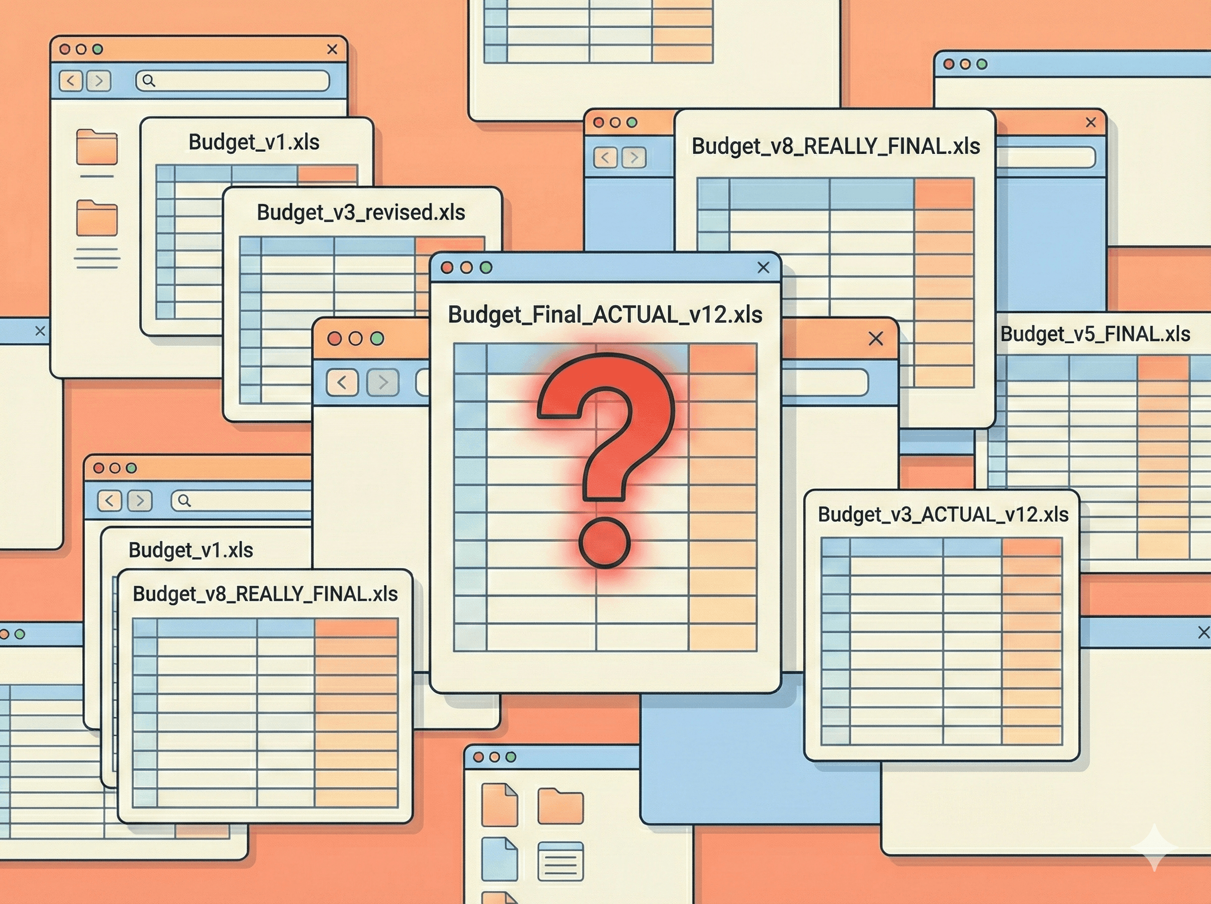 Spreadsheet version chaos illustrating startup budget management problems
