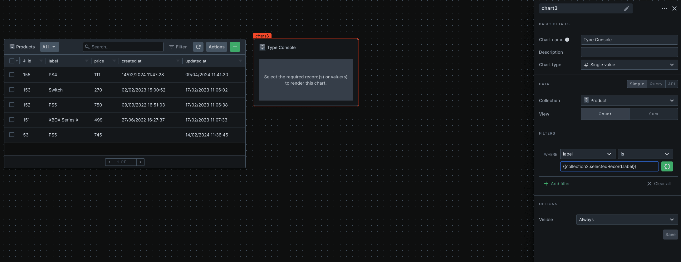 Configure a chart with dynamic filters in a workspace