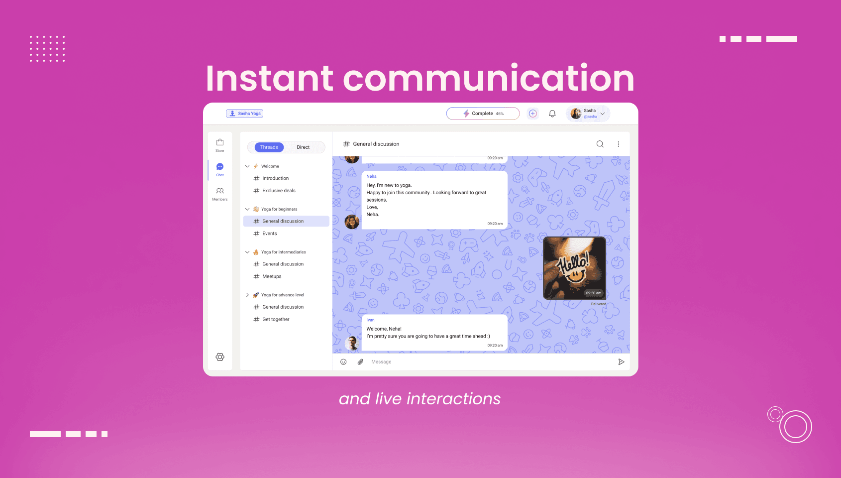 Members chatting with each other in a threaded chat of a community created using Wylo.