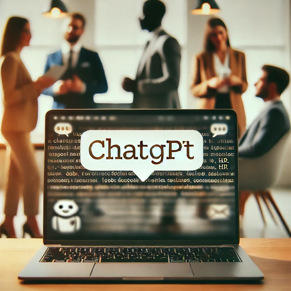 A modern and welcoming workspace featuring a laptop screen with the word 'ChatGPT' clearly visible, while the rest of the text is blurred. The workspace has soft lighting and minimal clutter, with a group of diverse professionals, including HR and recruiters, interacting comfortably in the background. The image highlights the ease of using ChatGPT for writing job descriptions, creating an approachable and professional atmosphere.