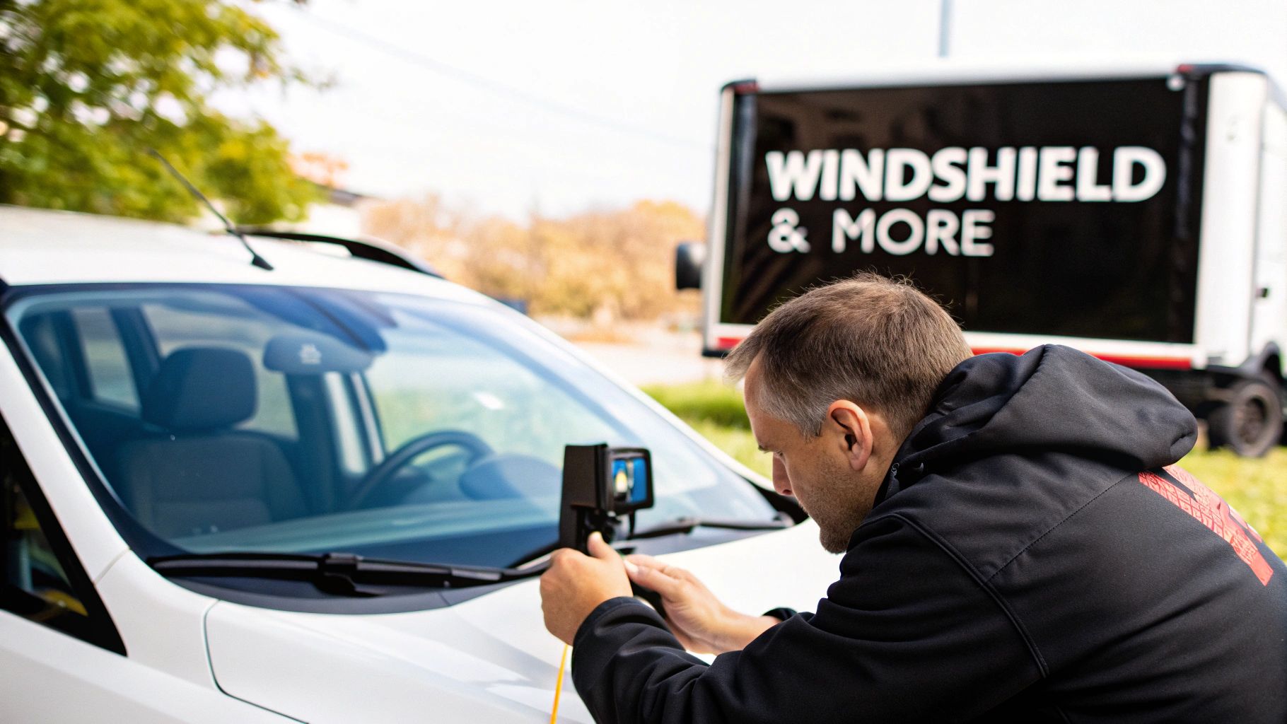 A technician calibrates a device on a white car's windshield, with a 'WINDSHIELD & MORE' truck in the background.