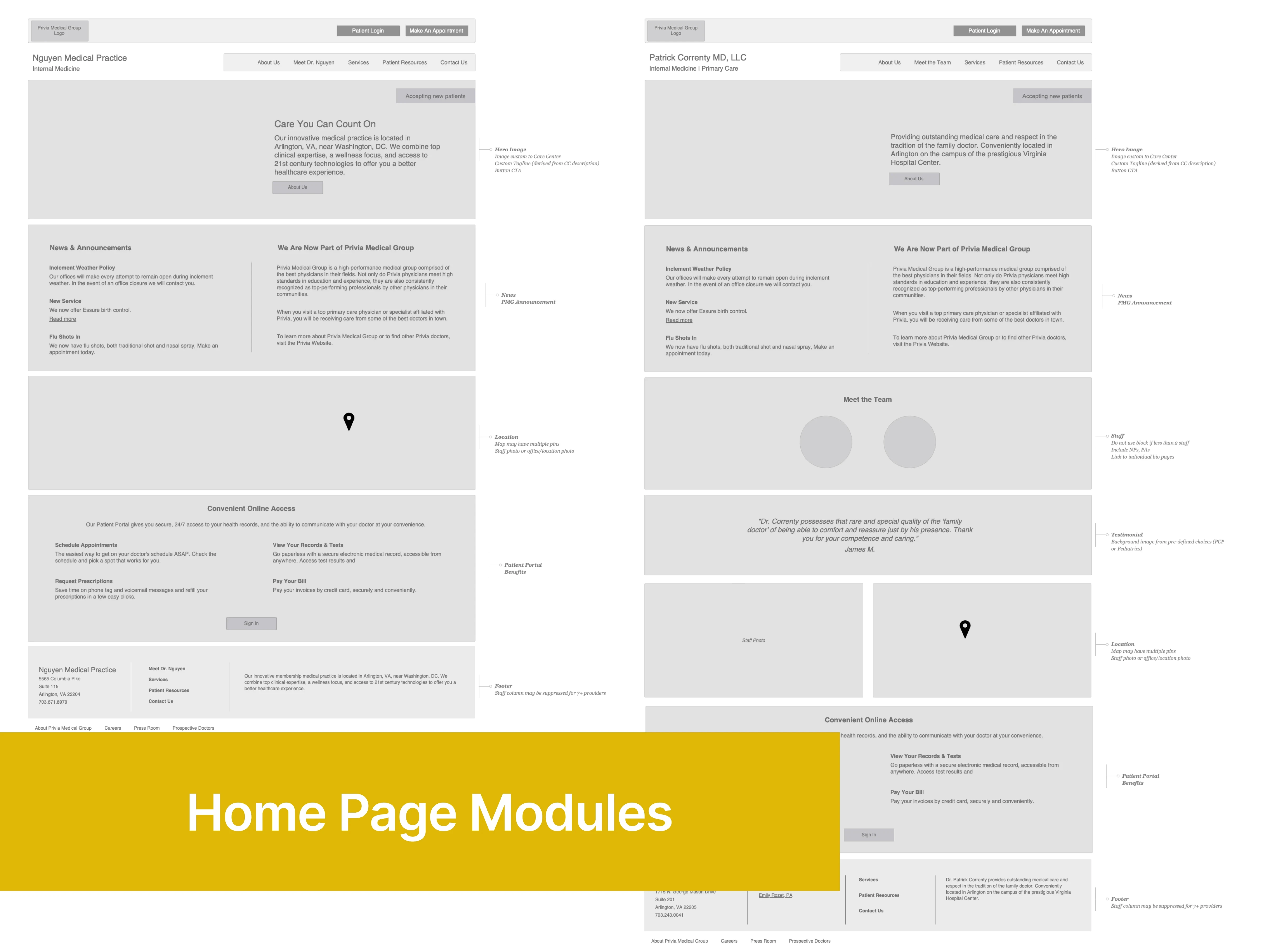  Wireframe layouts for a medical practice homepage, featuring sections for services, team, and patient portal in grayscale.