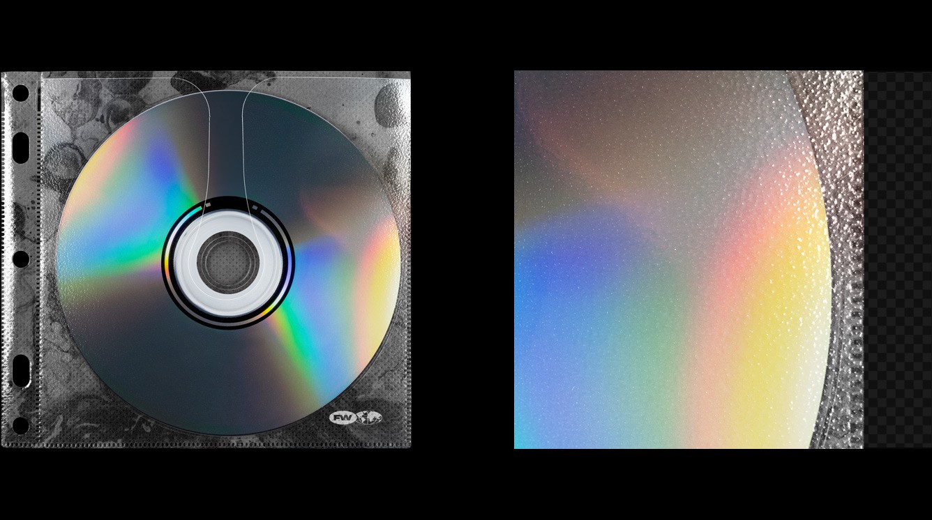 CD plastic bag mockup closeup showing reflective disc surface and plastic texture