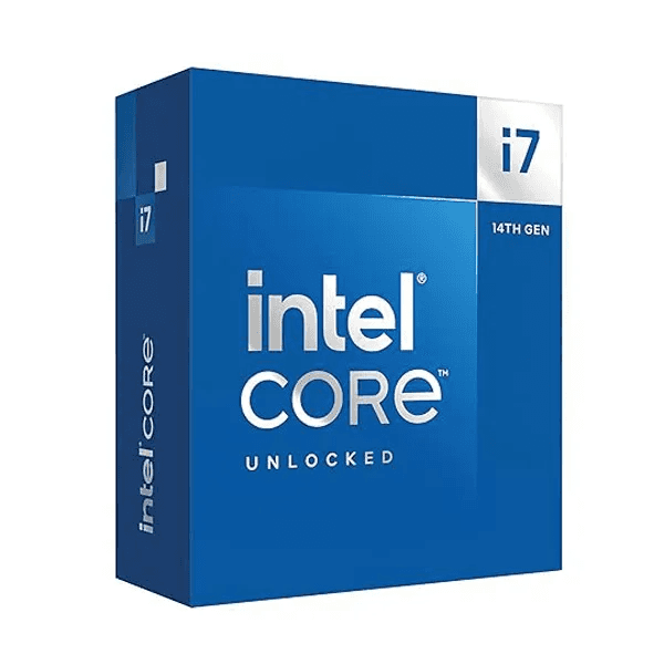 This is an image of the Intel Core i7-14700K processor, featuring 20 cores (8 performance cores and 12 efficient cores) with integrated Intel UHD Graphics 770. It is one of the processors recommended by Xilly in their PC parts list for optimal gaming performance. 