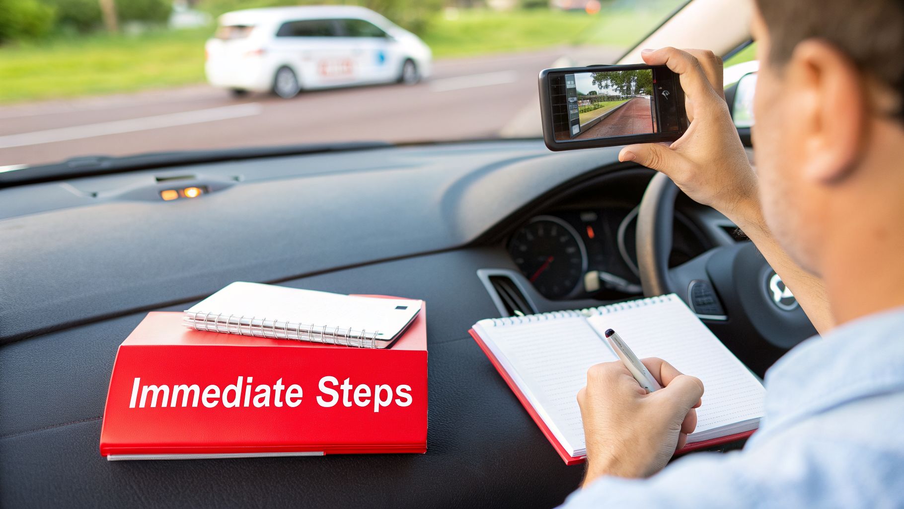 Person in a car documenting a road scene with a smartphone, writing notes, next to an 'Immediate Steps' guide.