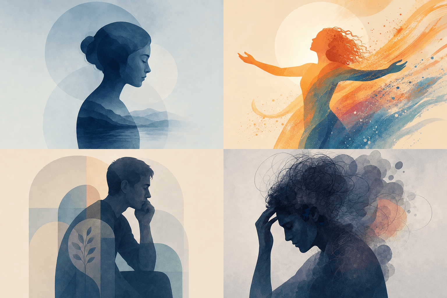 Four distinct abstract human silhouettes arranged in a grid, each representing different emotional patterns and expressions, minimalist modern illustration style, soft muted color palette with blues and warm tones, professional medical illustration aesthetic, showing diversity in emotional presentations through subtle visual metaphors like inward reflection, outward energy, contemplation, and inner turmoil, clean composition with gentle gradients, respectful and clinical tone