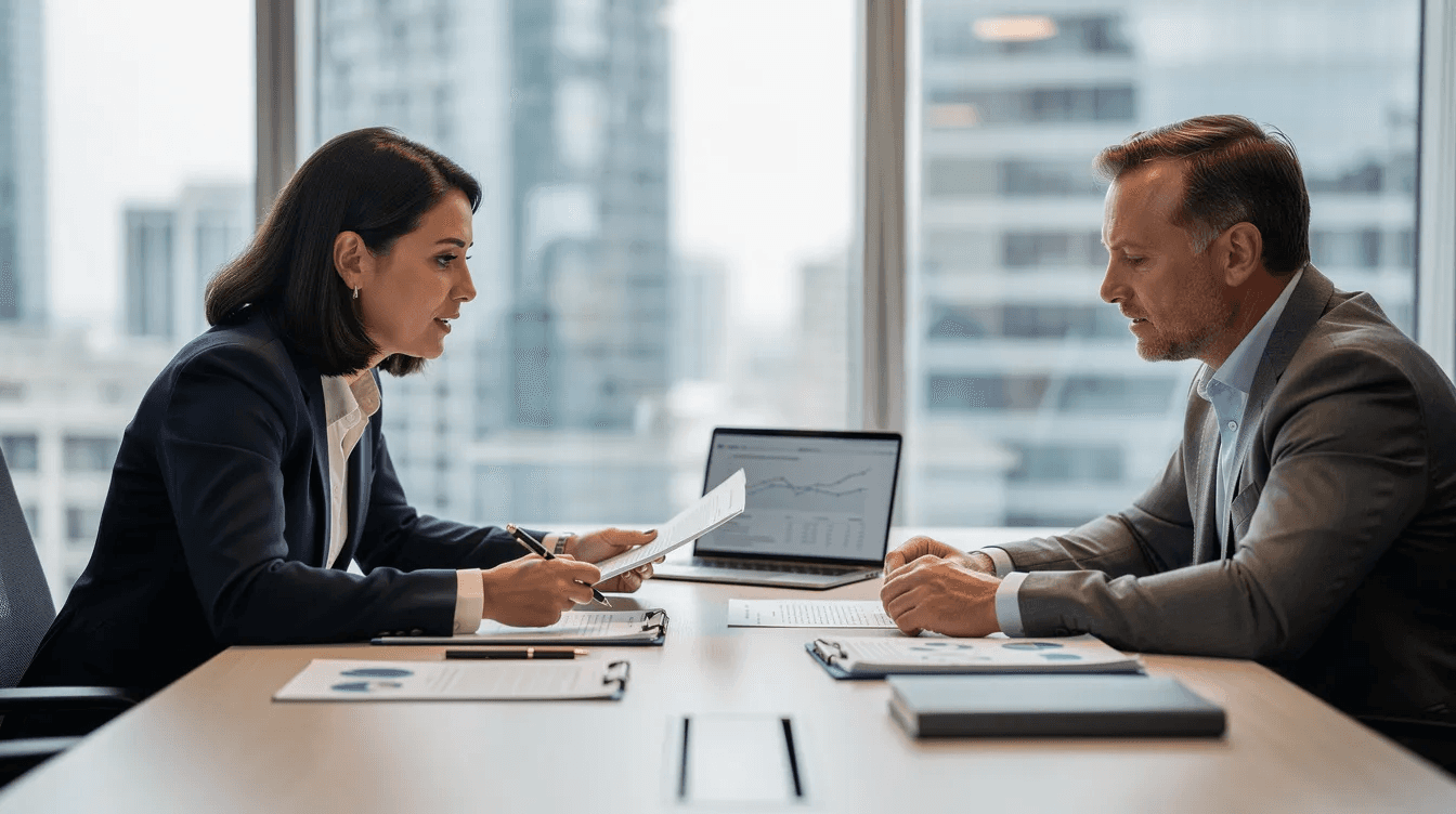 The image depicts two professionals engaged in a meeting, discussing various documents across a desk, likely focusing on wealth management strategies and financial planning. Their serious expressions suggest they are making critical financial decisions to align their clients' goals with comprehensive wealth management practices.