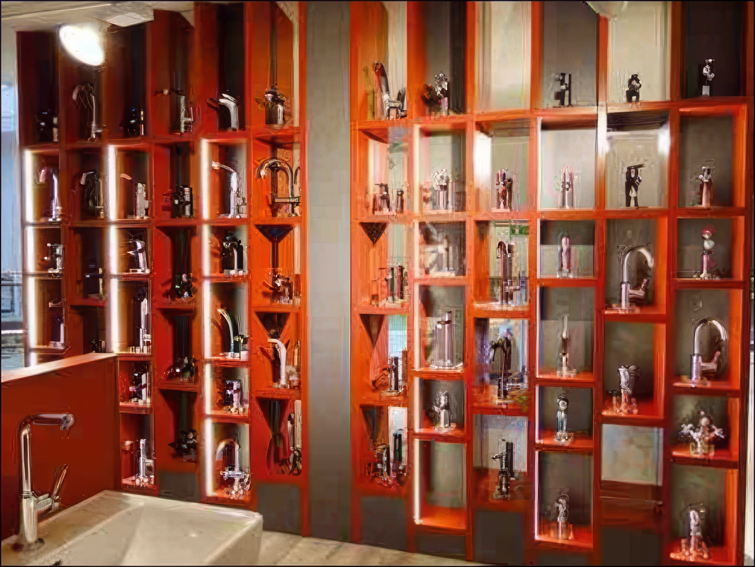 MW Interior - Großformatiges rotes Regalwandsystem mit Einzelpräsentation von Waschtisch- und Küchenarmaturen in einem Sanitär-Showroom" Beschreibung: Eindrucksvolle Armaturenpräsentation in einem raumhohen roten Regalraster – jede Armatur erhält ihre eigene Nische und wird so vom Produkt zum Ausstellungsstück, das Kunden gezielt vergleichen und auswählen können.