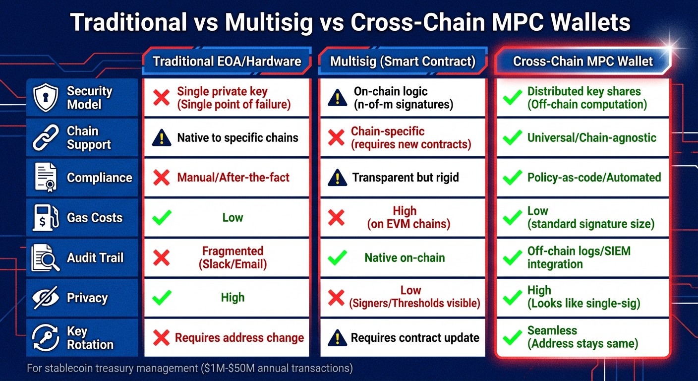 Comparison of Traditional Wallets vs Multisig vs Cross-Chain MPC Wallets for Stablecoin Management