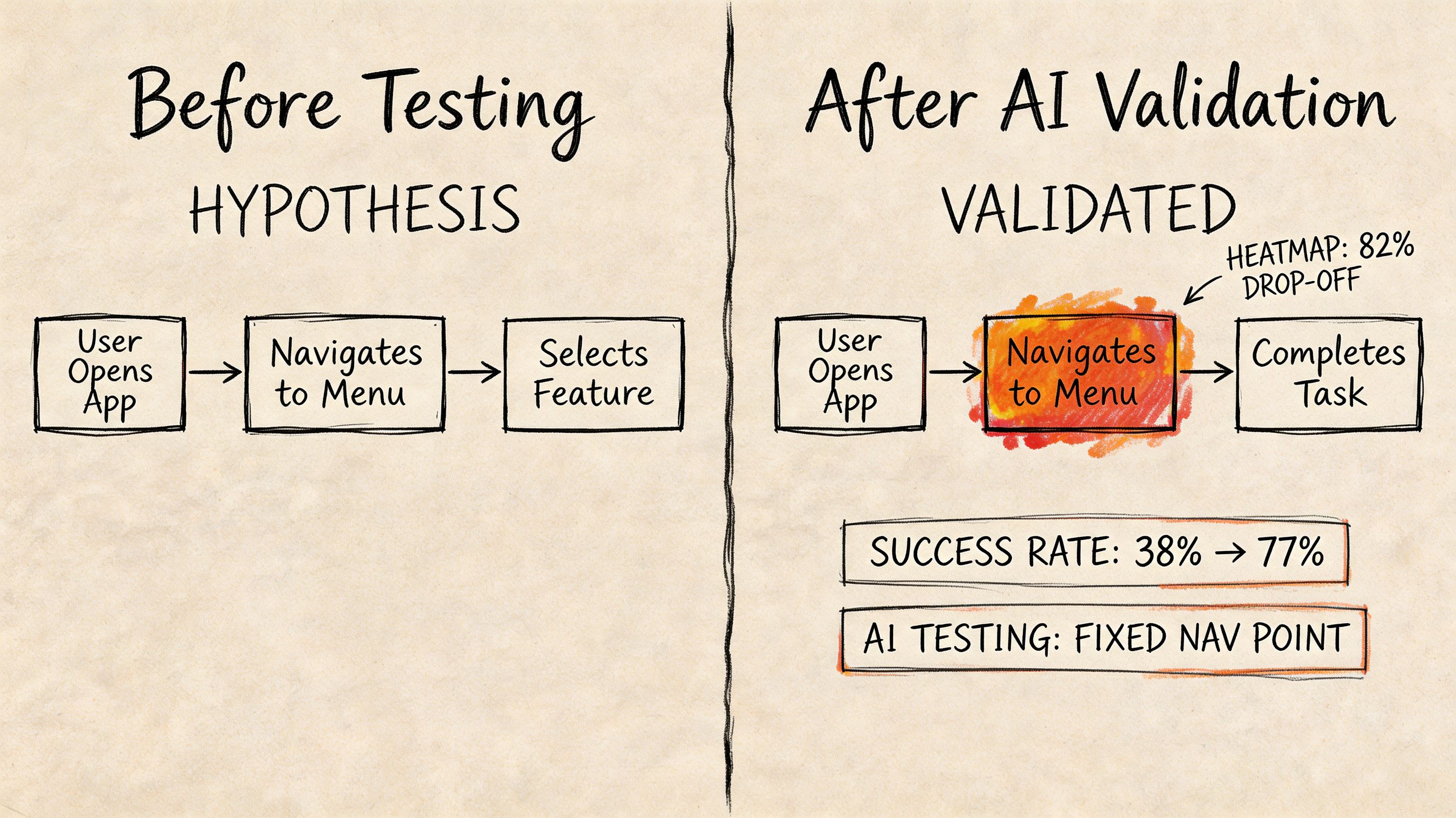 A diagram comparing a hypothetical user flow to a validated flow improved by AI testing analytics.
