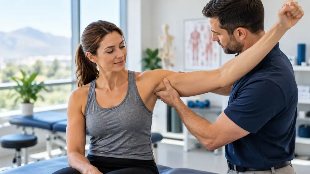 Practitioner assessing a patient's shoulder mobility during a clinical examination