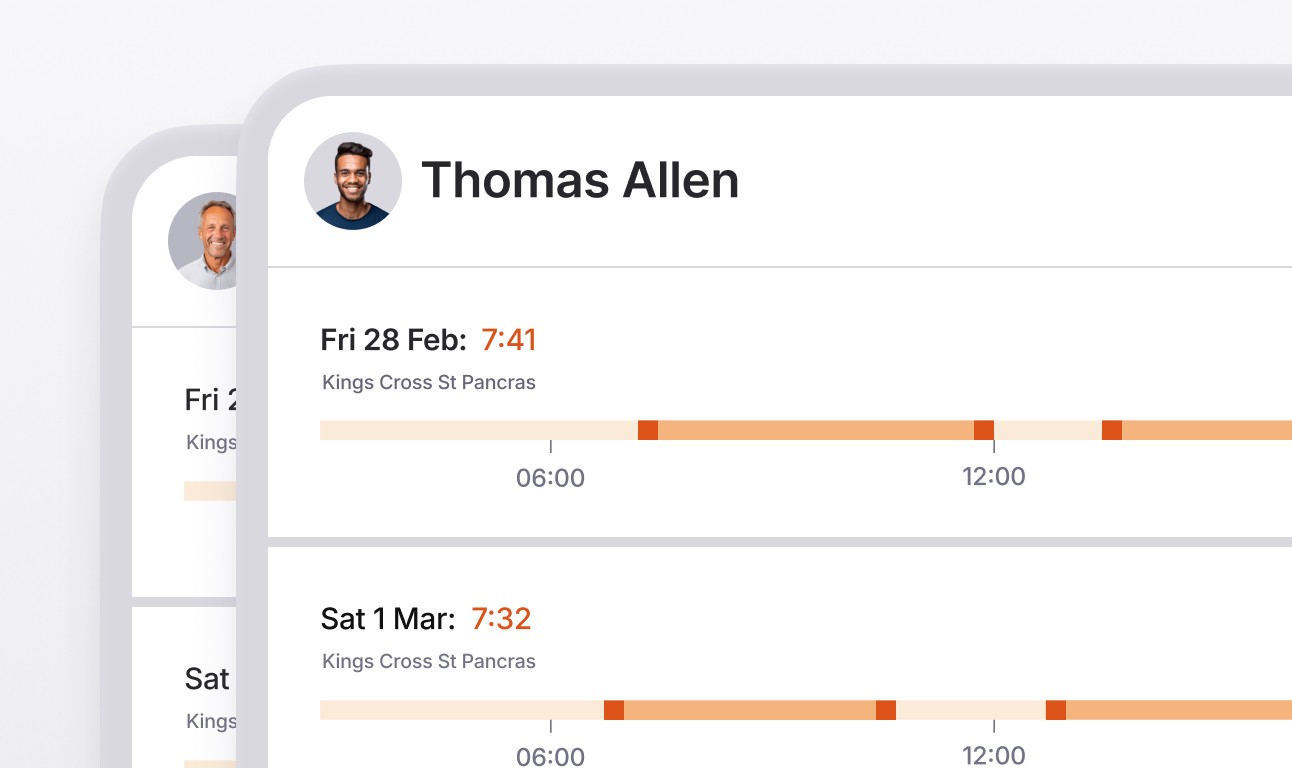 An extreme close up of two stacked images of operatives’ daily timeline showing when they clocked in and out.