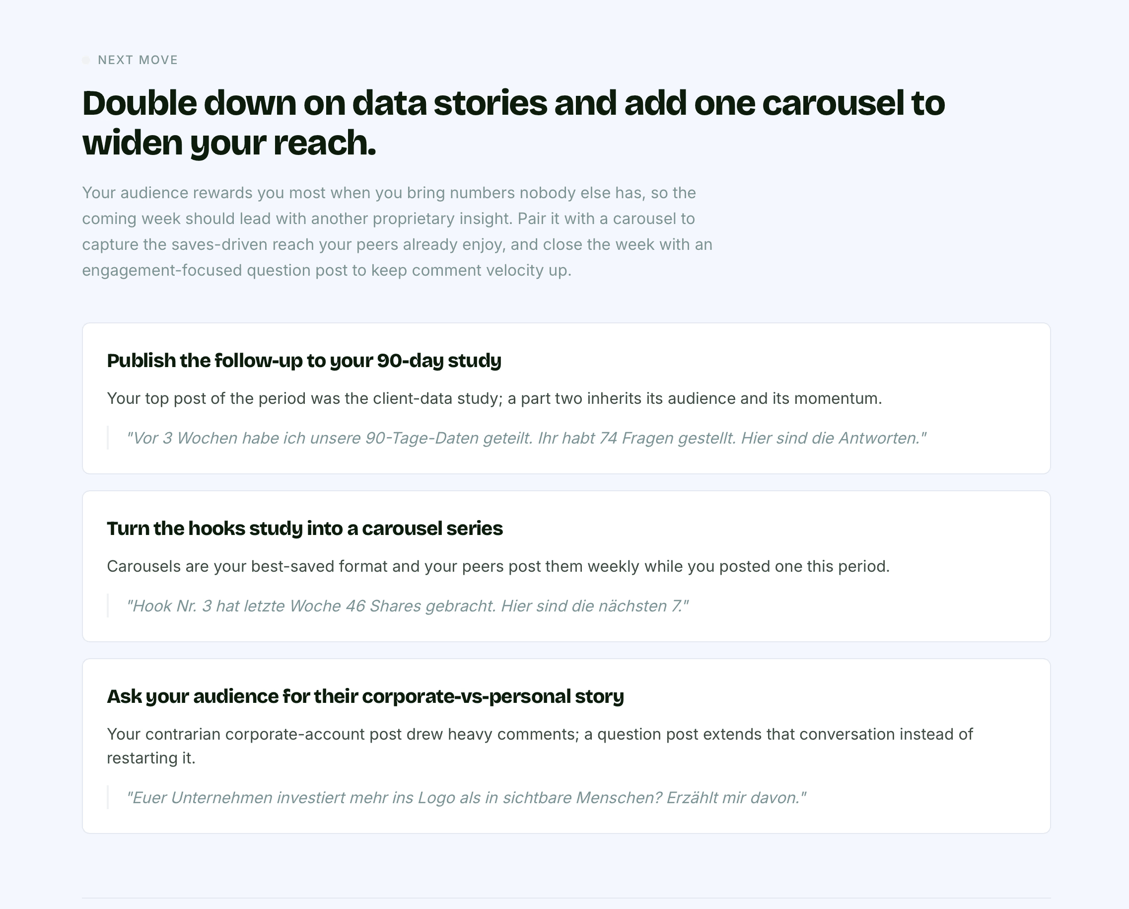 whoranks Report next-move section with three recommended content plays and suggested post hooks