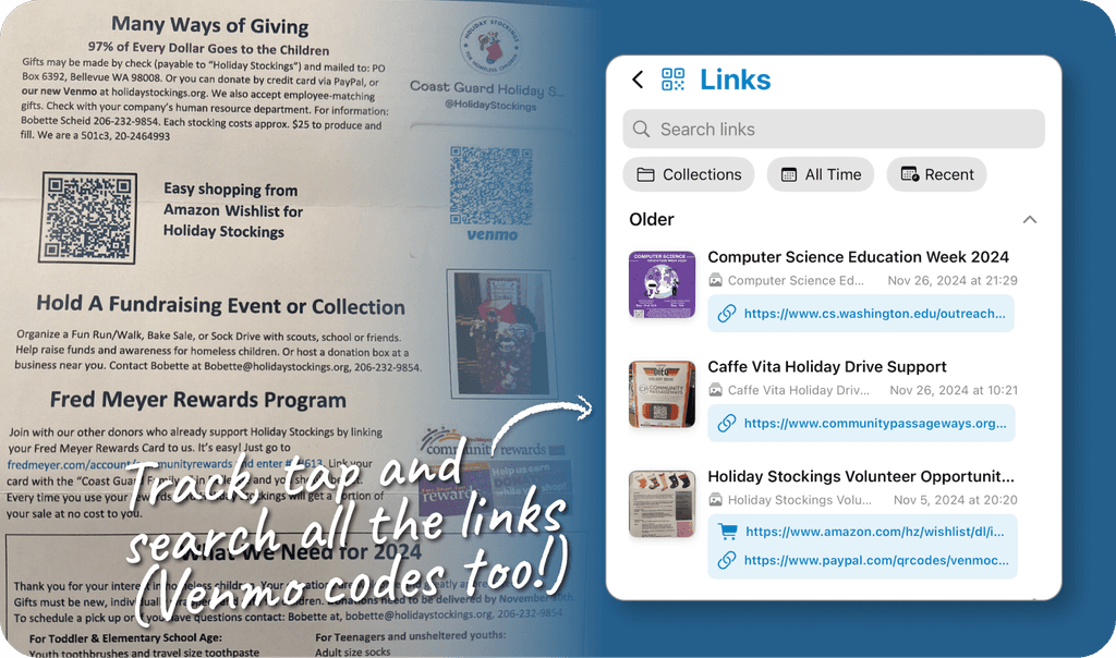 An example use showing a paper with mulitple QR codes for a holiday charity event, the QR codes are saved in teh app. The headline is 'Track, tap and search all the links (Venmo too!). 