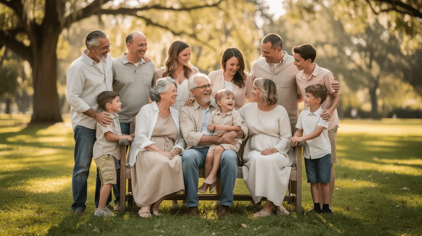 A multi-generational family, including grandparents, parents, and children, is gathered outdoors, enjoying a sunny day together. This scene reflects the importance of financial education and creating generational wealth, emphasizing the value of shared knowledge and planning for the family's financial future.