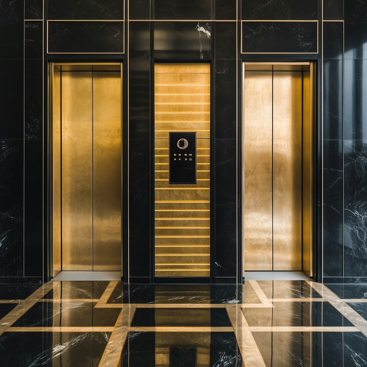 luxury gold elevator in a modern marble lobby