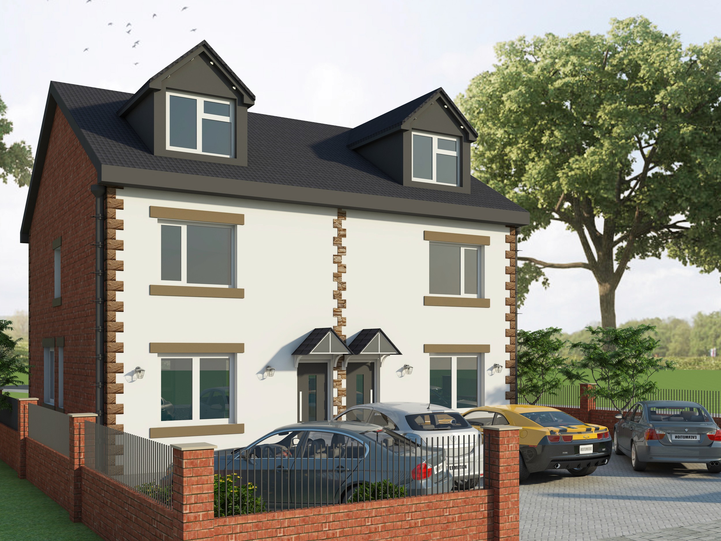 3D render of contemporary three-storey semi-detached homes with parking in Heaton Mersey, Stockport.