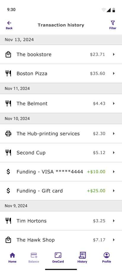 Mid-fidelity design of the Transaction History page, featuring a list of past transactions with details such as date, amount, and description, displayed in a structured and user-friendly layout.