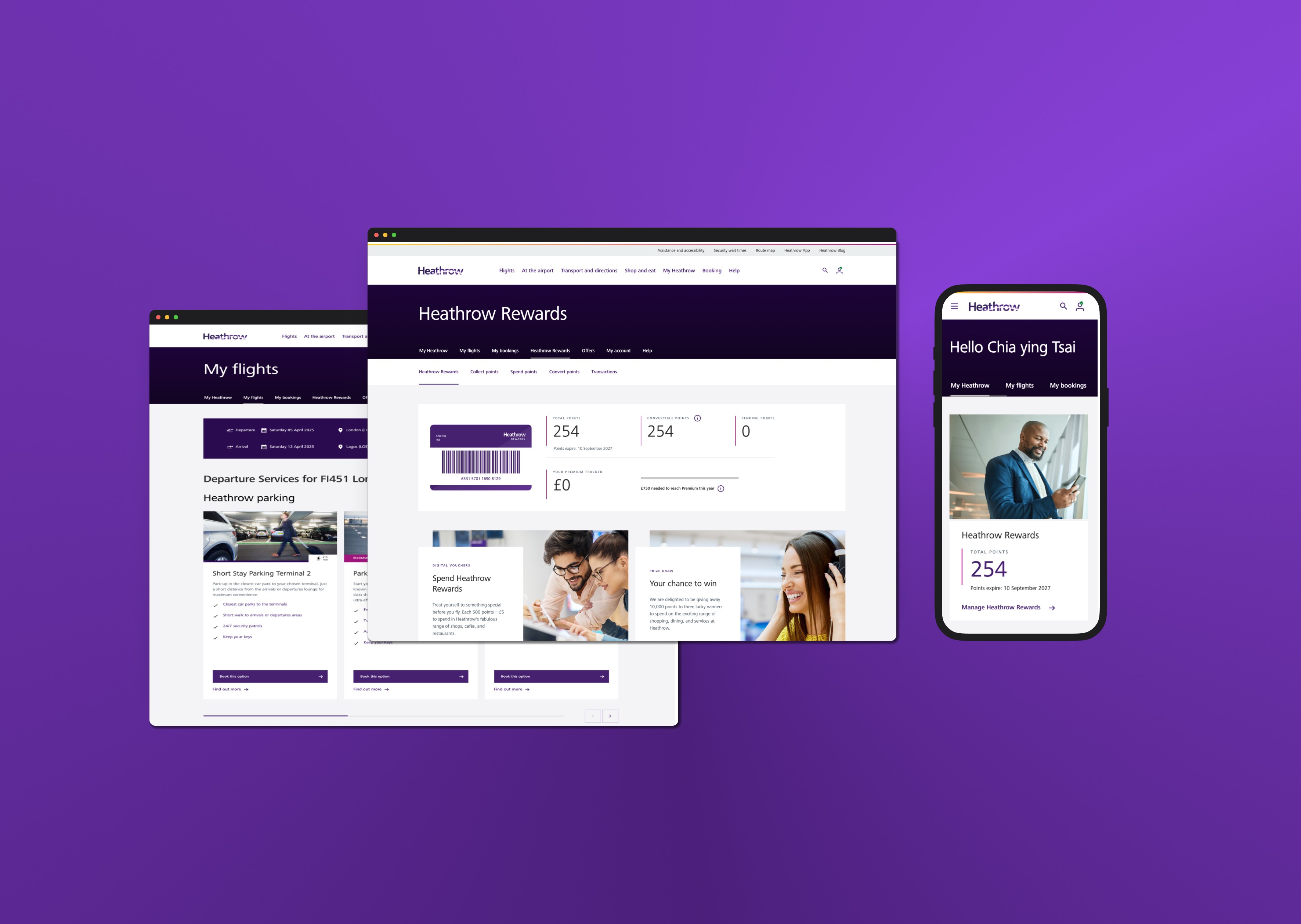 My Heathrow introduction with two desktop images and one mobile page