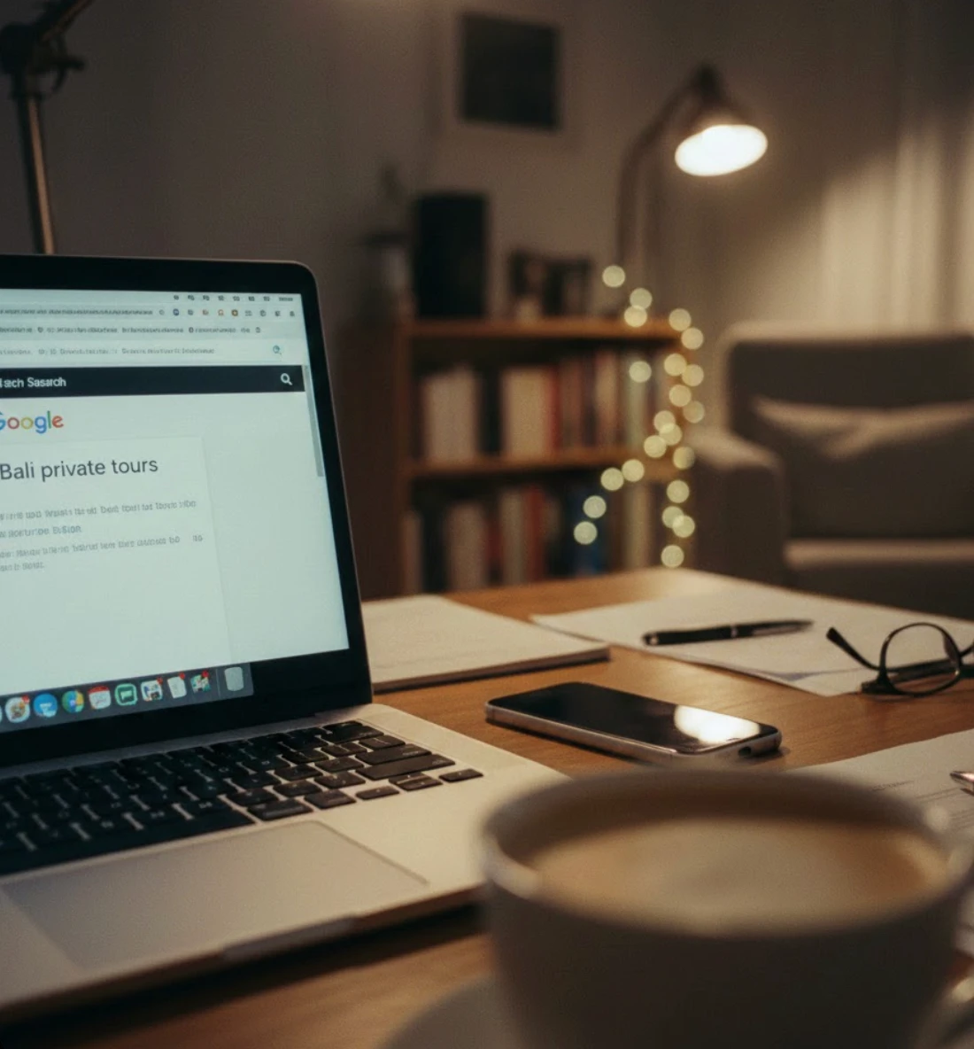 Google search results for Bali private tours on laptop screen