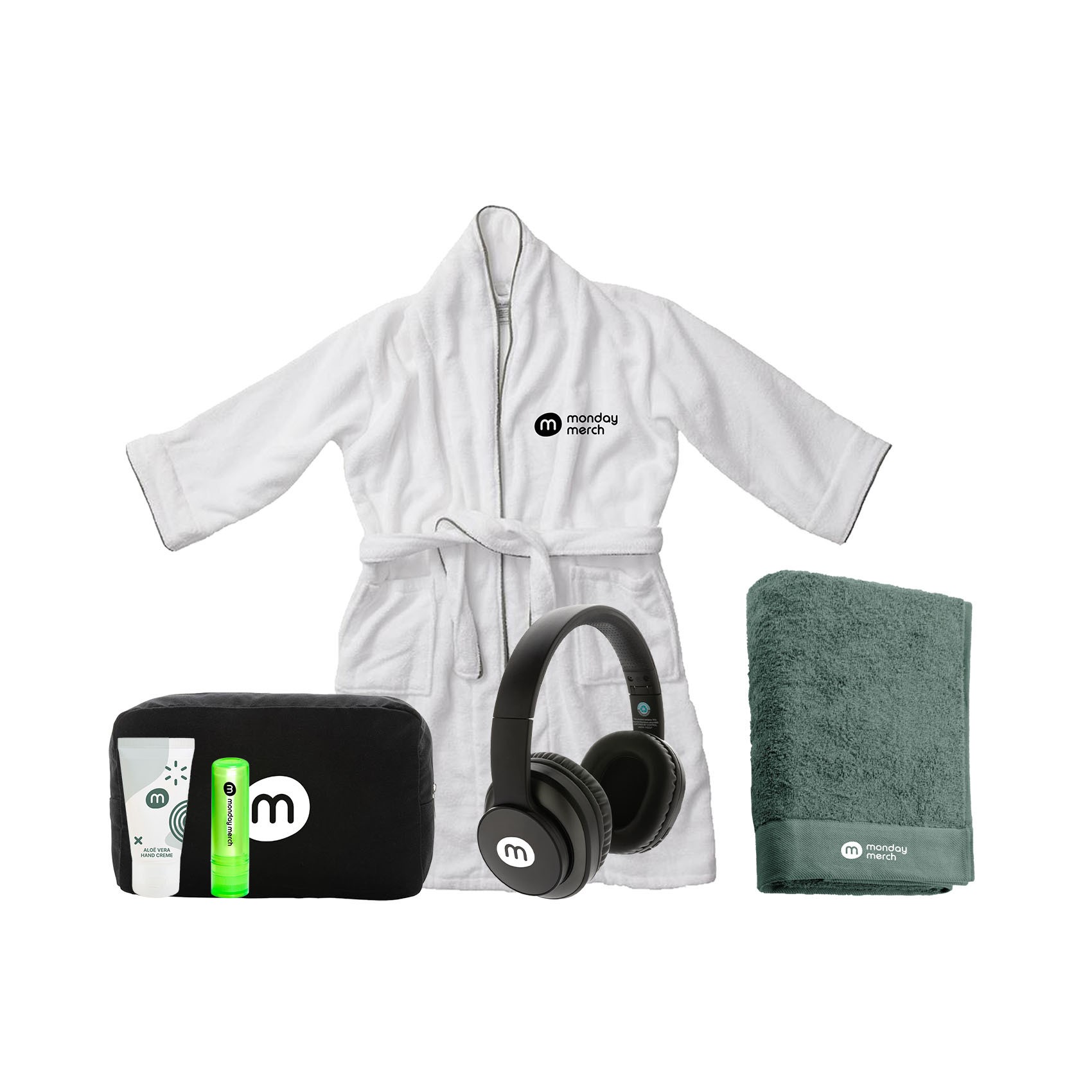 Branded merchandise including a bathrobe, toiletry bag, aloe cream, lip balm, headphones, and a towel