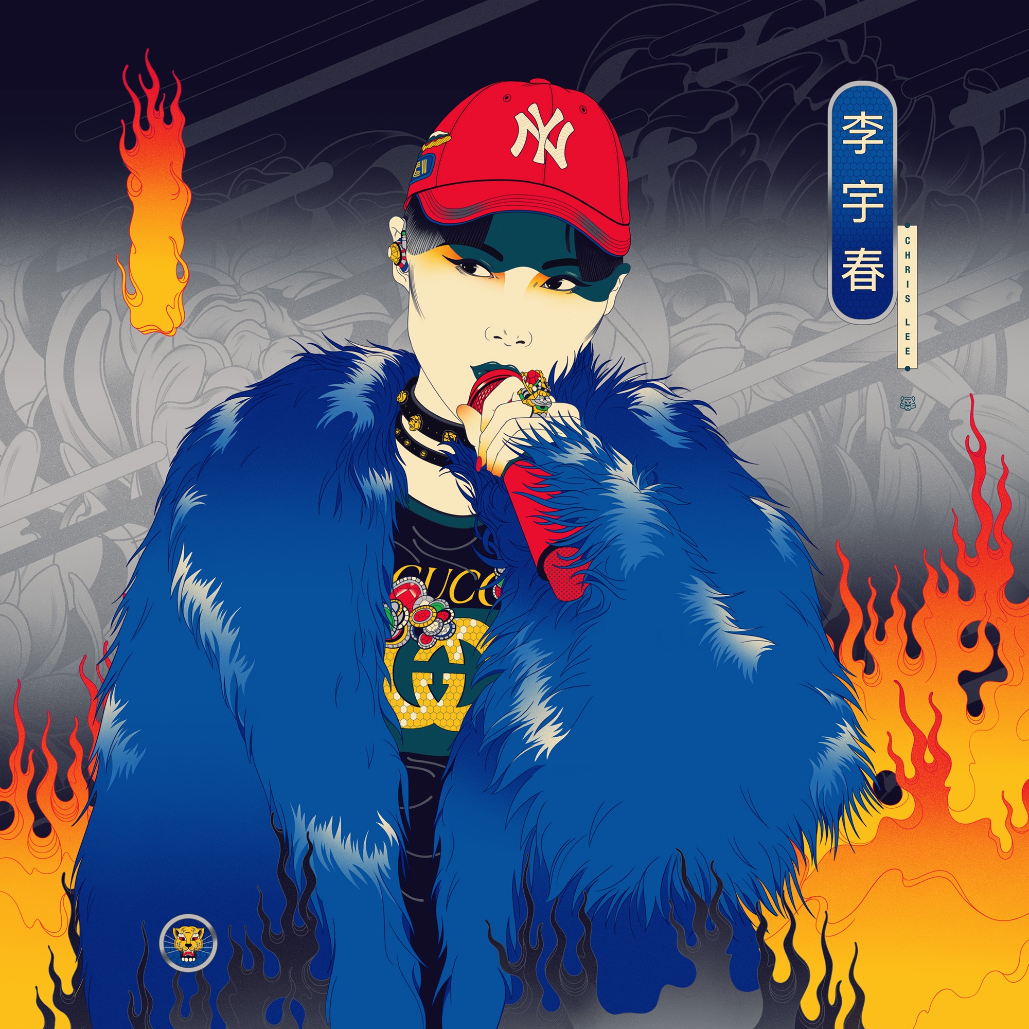 Chris Lee Liu Xing album artwork showing a performer in a blue fur coat, red cap and flame details, blending fashion, attitude and bold illustrated music visuals.