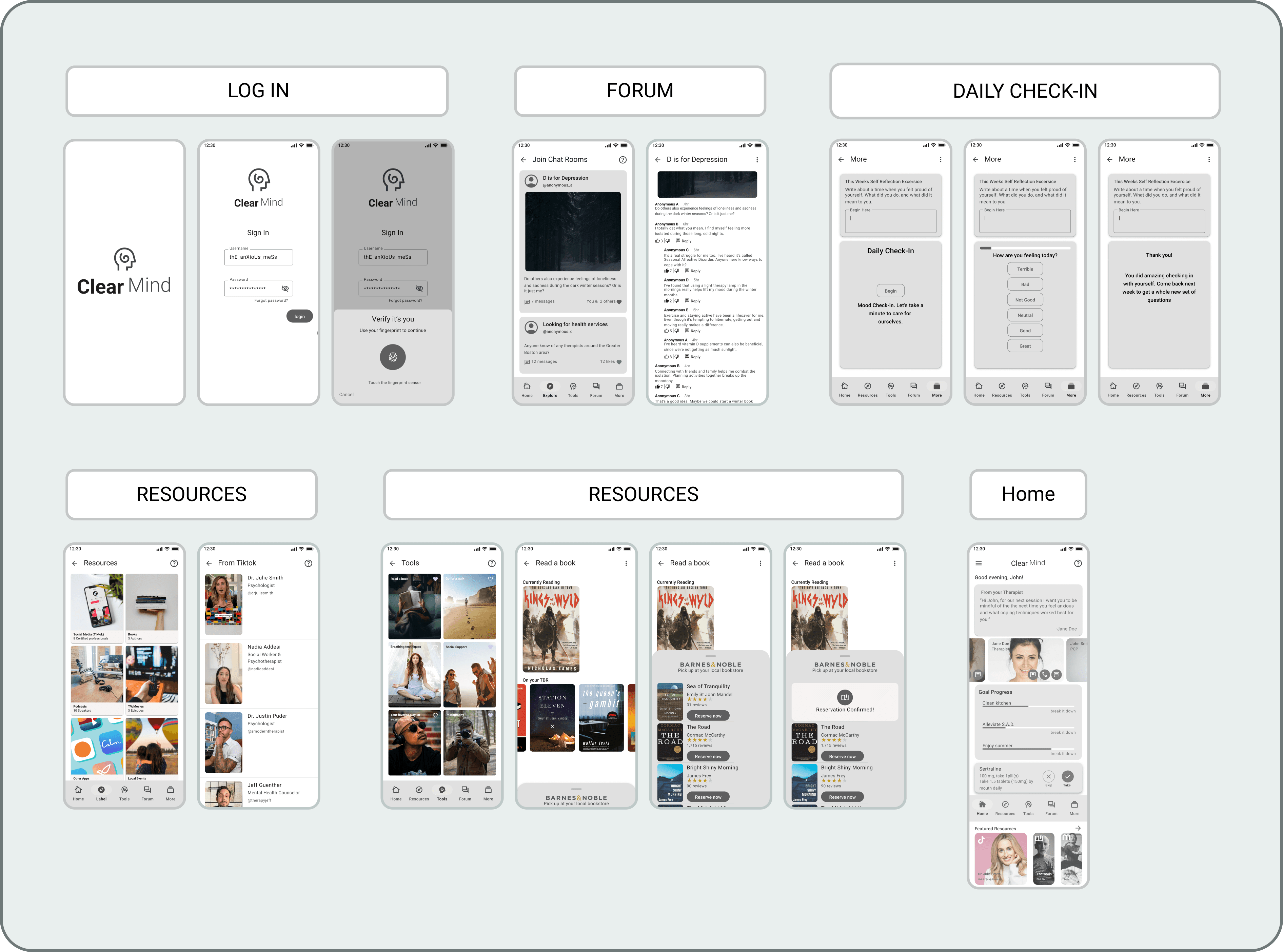 A digital low-fidelity wireframe for the 'Clear Mind' project, presented in a grayscale architectural layout. This blueprint organizes the content into functional zones, establishing the hierarchy for the 'Connect' feature and 'Tools' library. The design uses defined shapes to organize content and establish the structural foundation of the user experience before moving into high-fidelity detail.