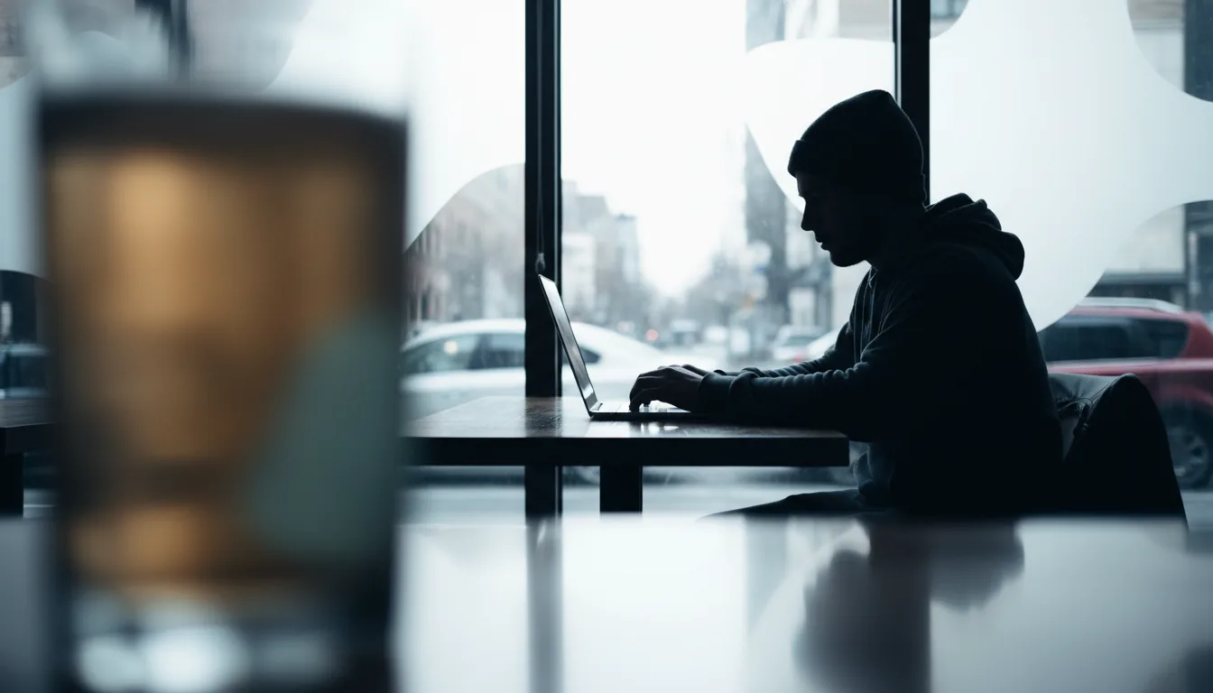 DSLR photography of a remote worker in a cafe, heavily backlit by a large window. The person, wearing a beanie and hoodie, is a deep silhouette seen from the side, focused on a laptop on the table. The lighting is characterized by cinematic contrast, with deep blue shadows and bright, blown-out highlights from the window. The shot has an extremely shallow depth of field, with a prominent blurry abstract shape in the foreground and glossy reflections on the tabletop. The mood is contemplative and focused, with a cool, desaturated color palette.