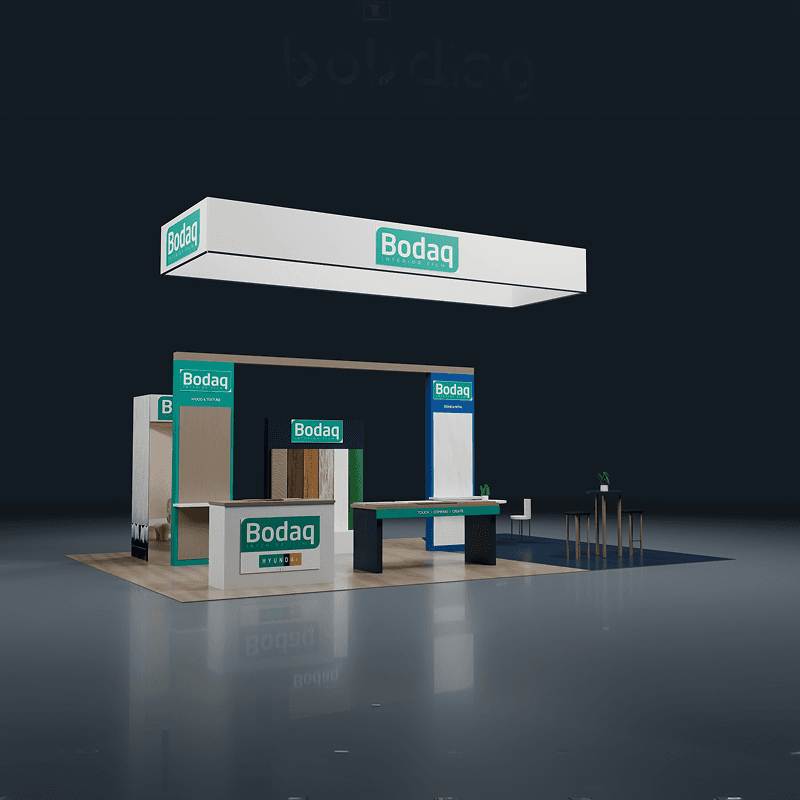 20x30 surface material trade show booth with sample walls, reception, and storage