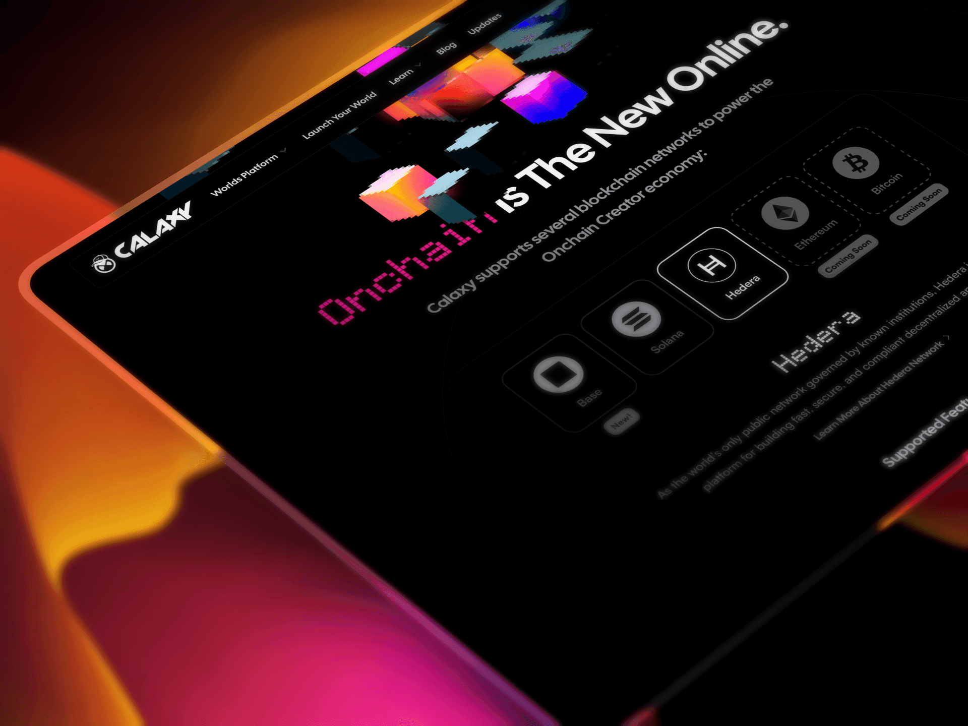 Calaxy website blockchain networks page dark mode - Onchain Is The New Online headline with Hedera, Base, Solana, Ethereum, and Bitcoin network support cards