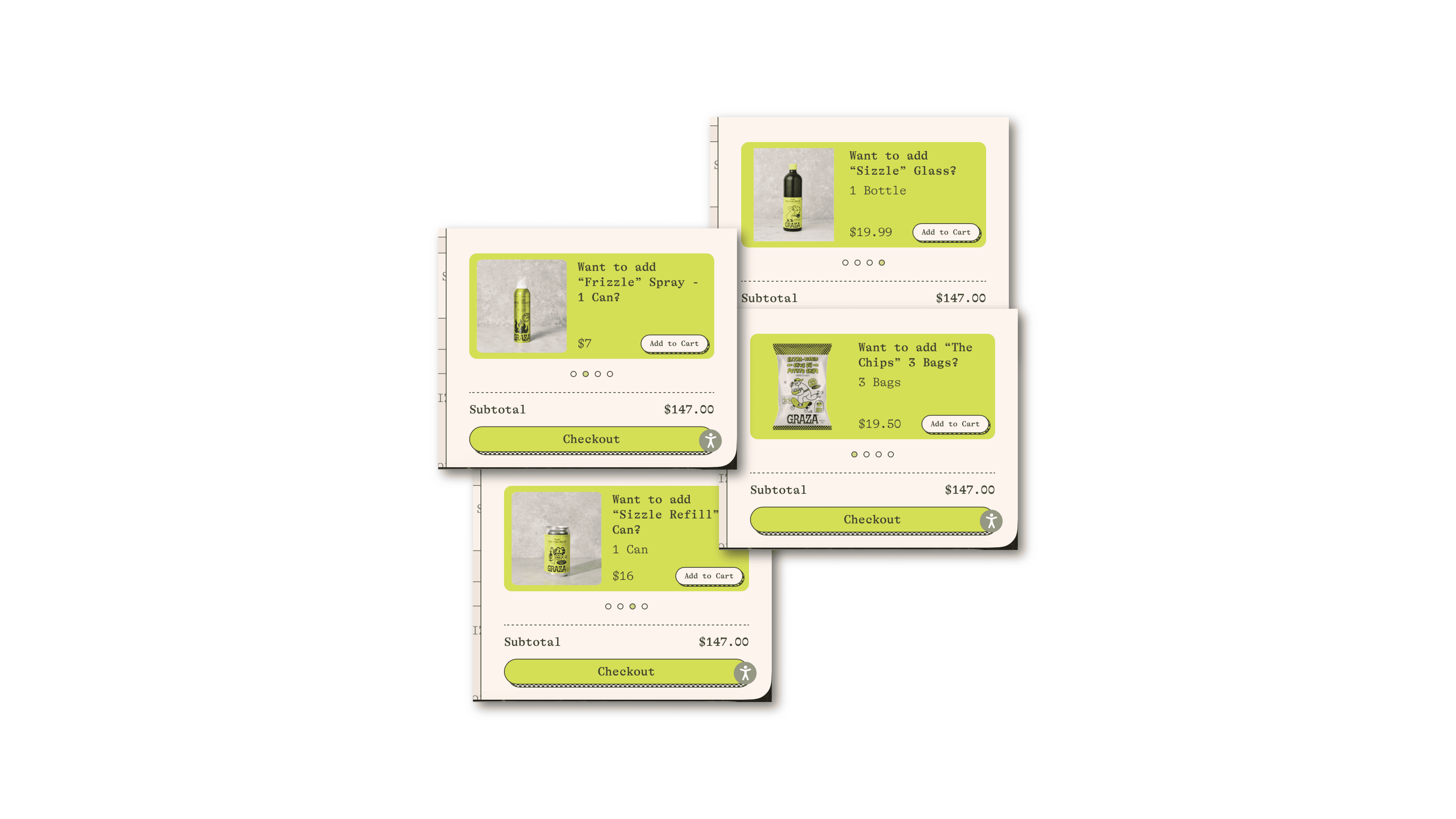 Four Graza cart screens showing add-on upsell offers like sprays, refill cans, bottles, and snacks before checkout.