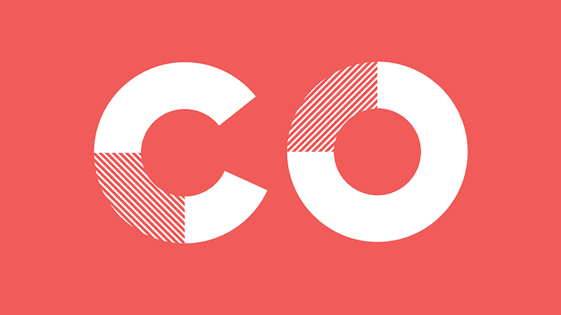A white text logo on a red background with letters CO.