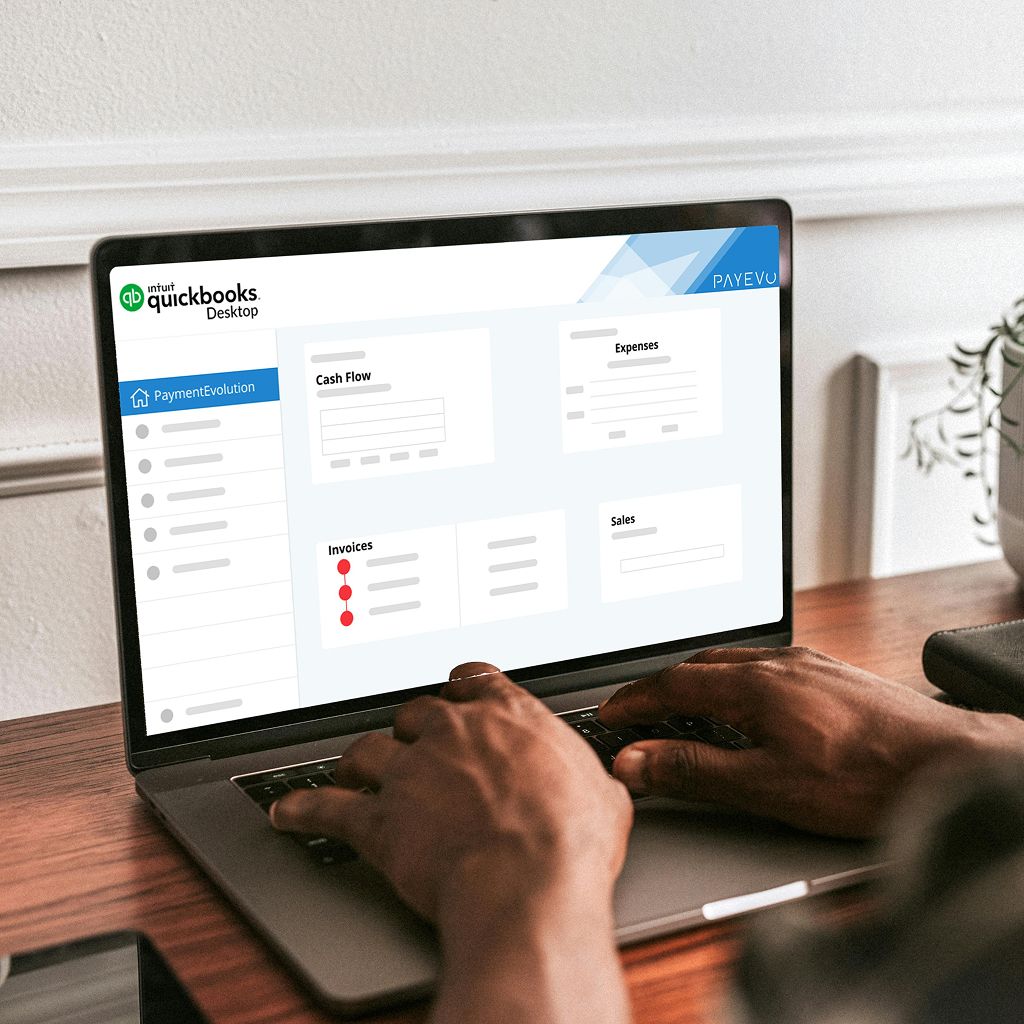 Laptop displaying Quickbooks dashboard with PaymentEvolution integration showing pending payroll actions