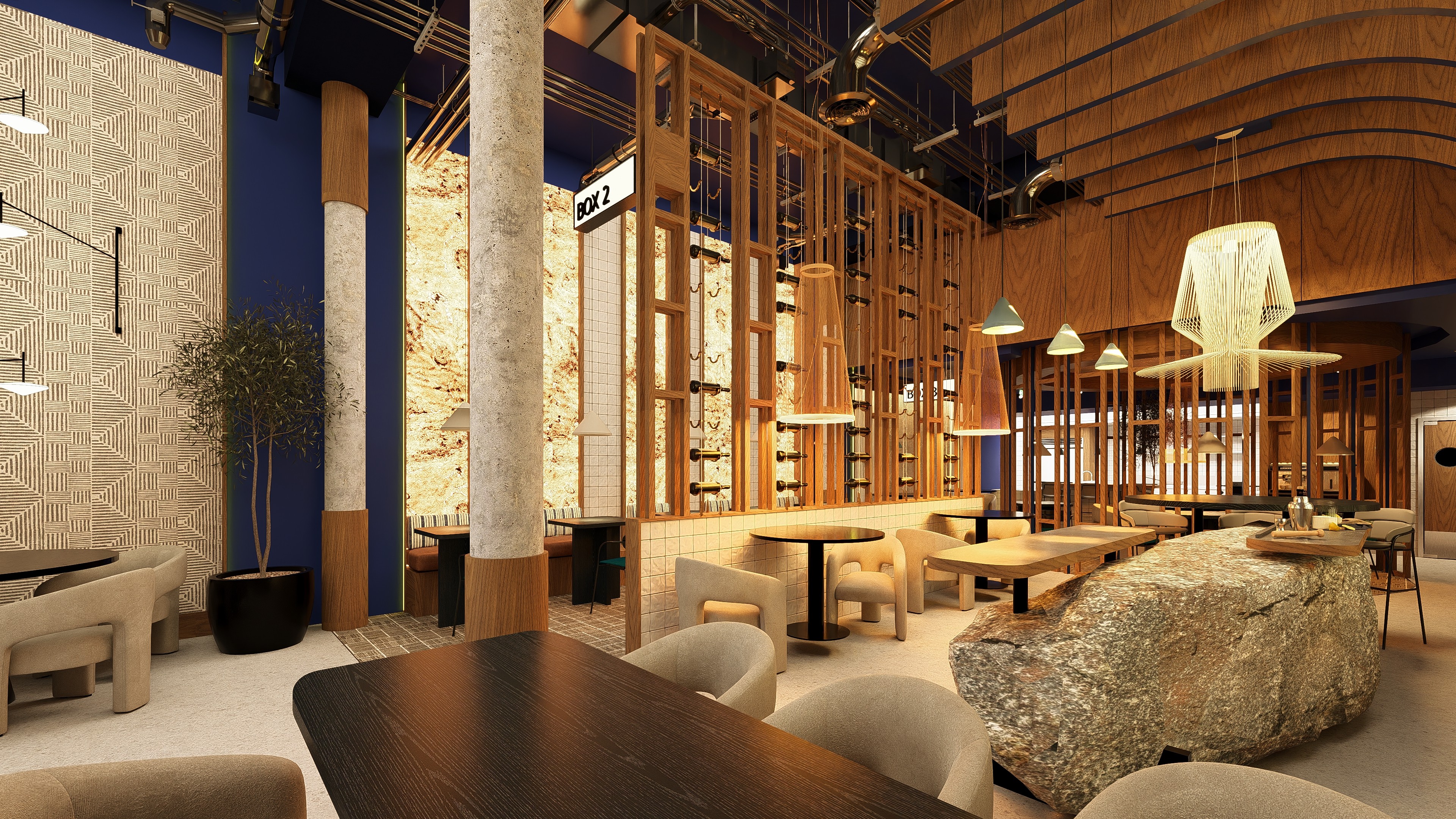 Architecture d’intérieur pour centre commercial, conception d’espaces ouverts et circulations clients.