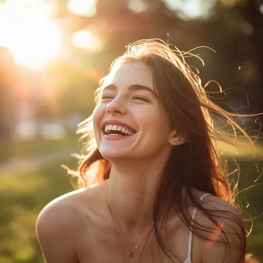 Młoda kobieta z rozluźnioną twarzą uśmiecha się w ciepłym świetle, efekt odświeżenia po masażu transbukalnym.