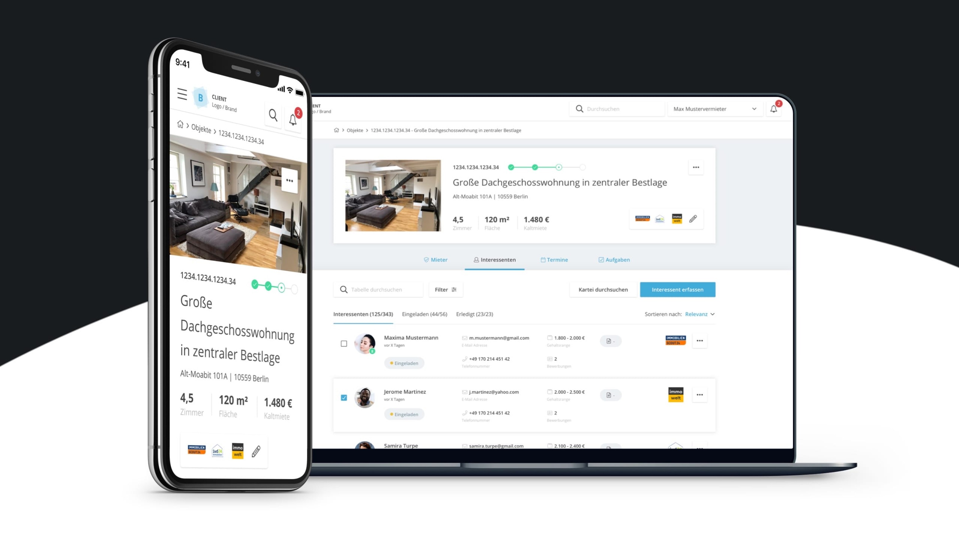Laptop und Smartphone zeigen die Benutzeroberfläche einer Immobilienplattform mit Wohnungsdetails und Interessentenliste.